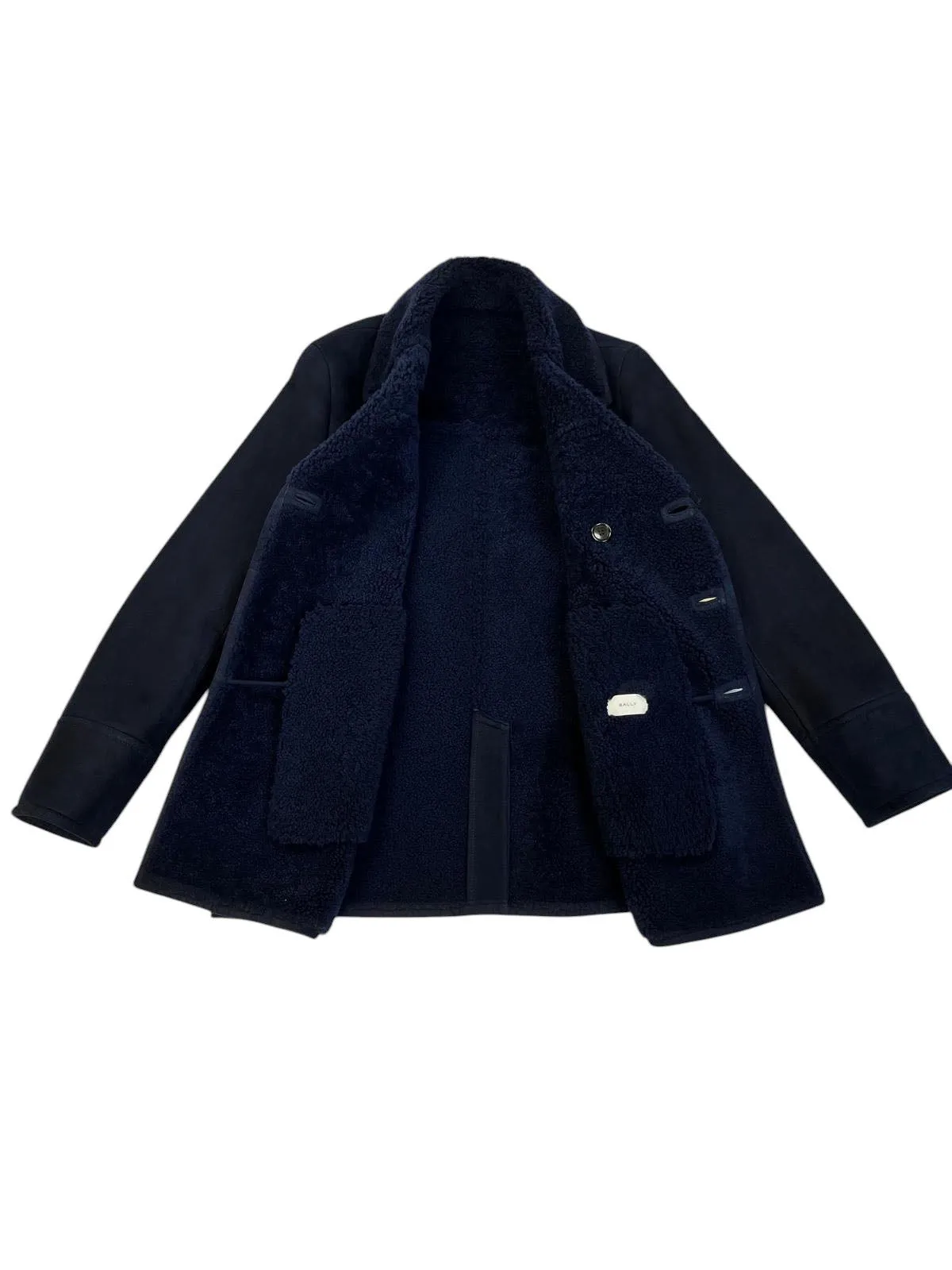 Bally 6305469 Men's Marine Blue Sheep Shearling Winter Coat Size 48 - M