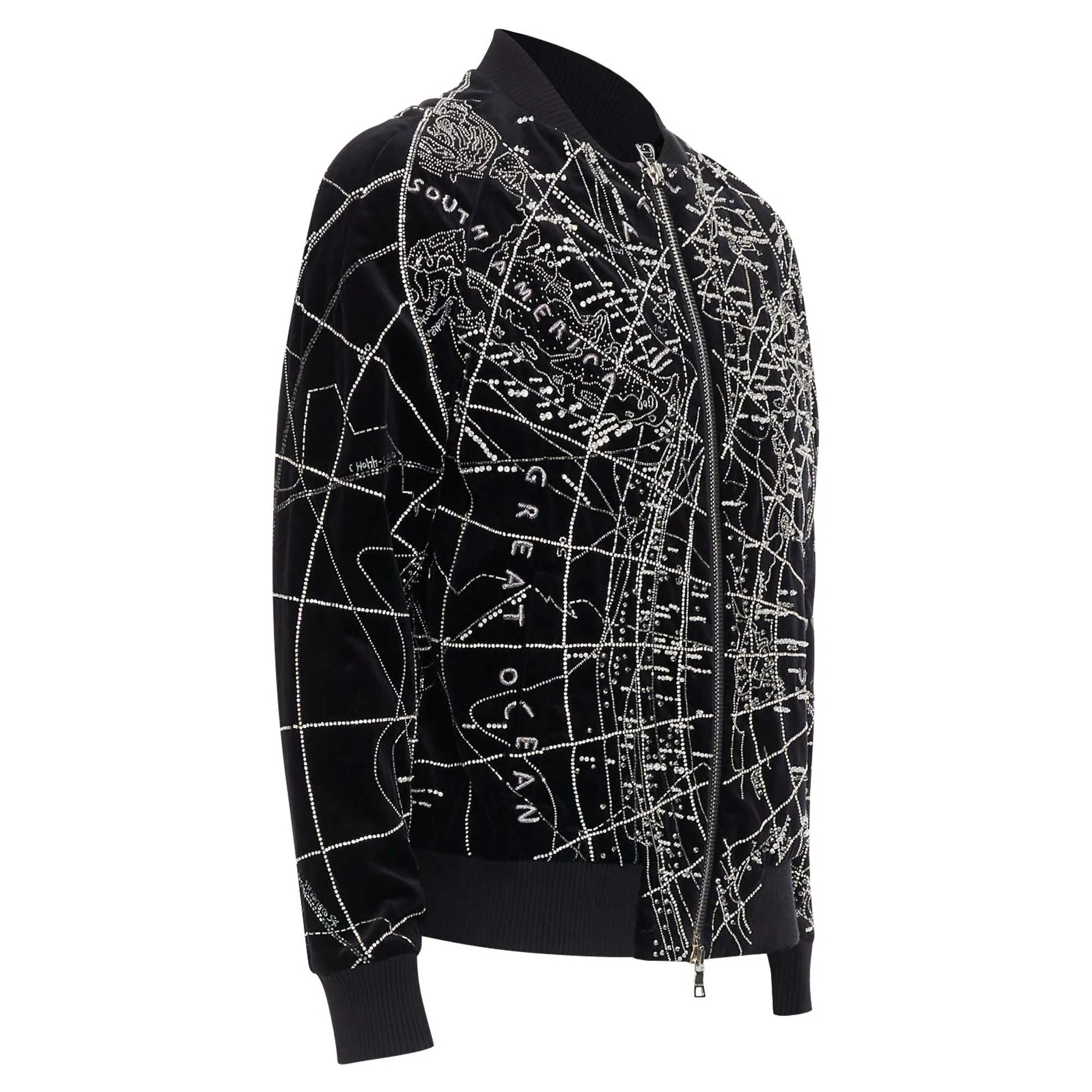Balmain Broderie Map Crystal Bead Embroidery Velvet Bomber Jacket