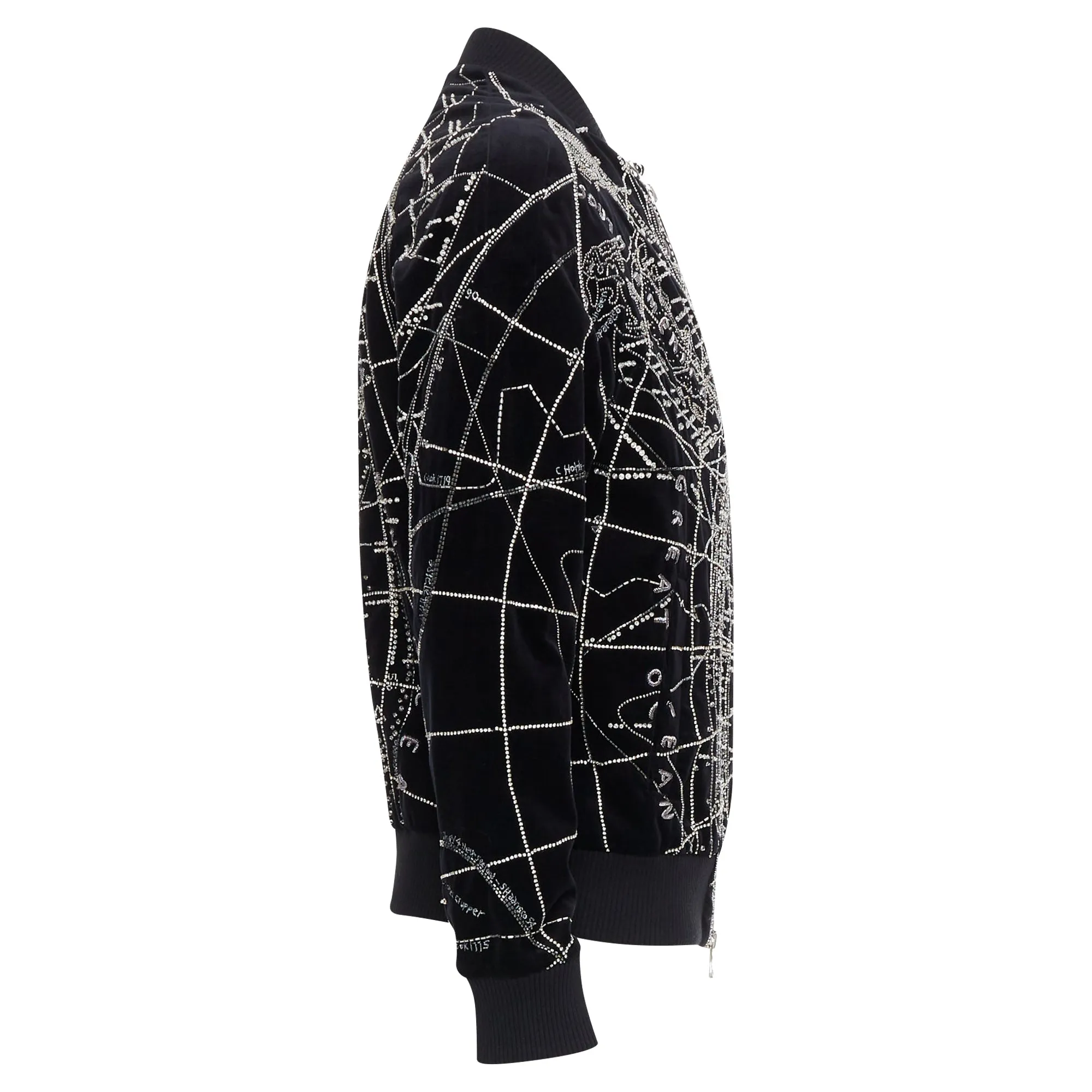 Balmain Broderie Map Crystal Bead Embroidery Velvet Bomber Jacket