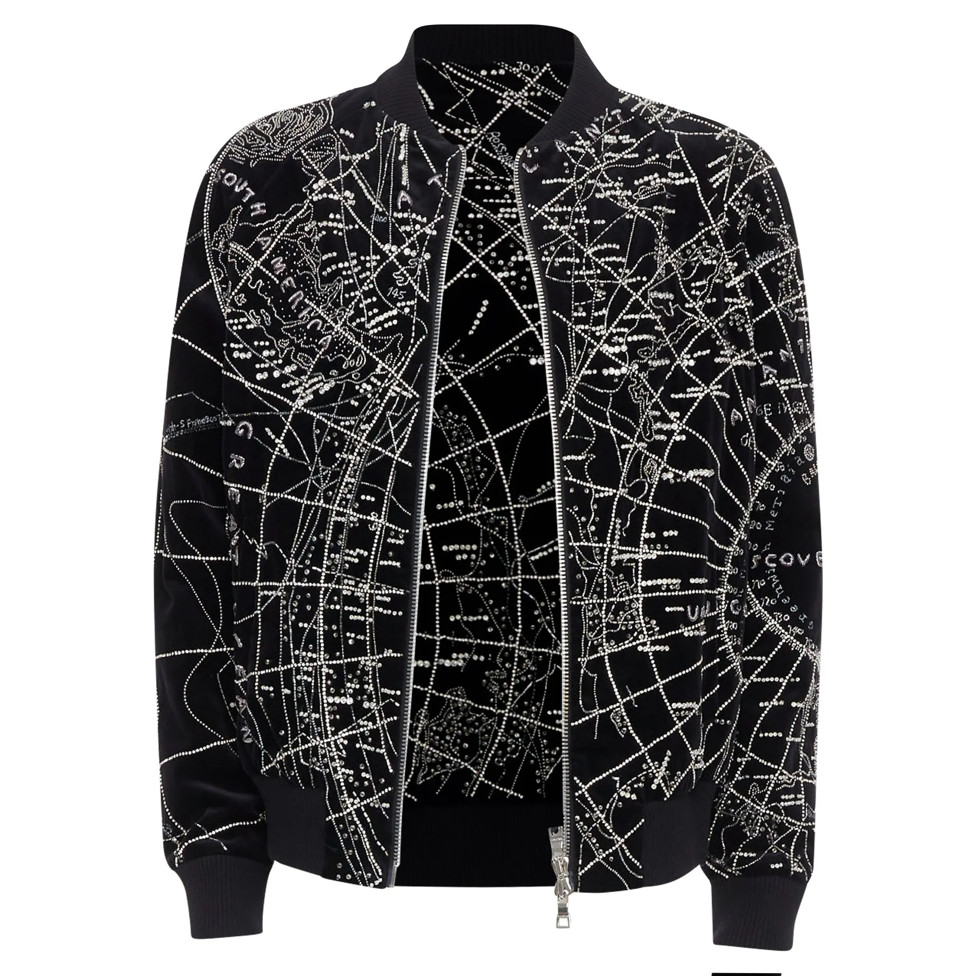 Balmain Broderie Map Crystal Bead Embroidery Velvet Bomber Jacket