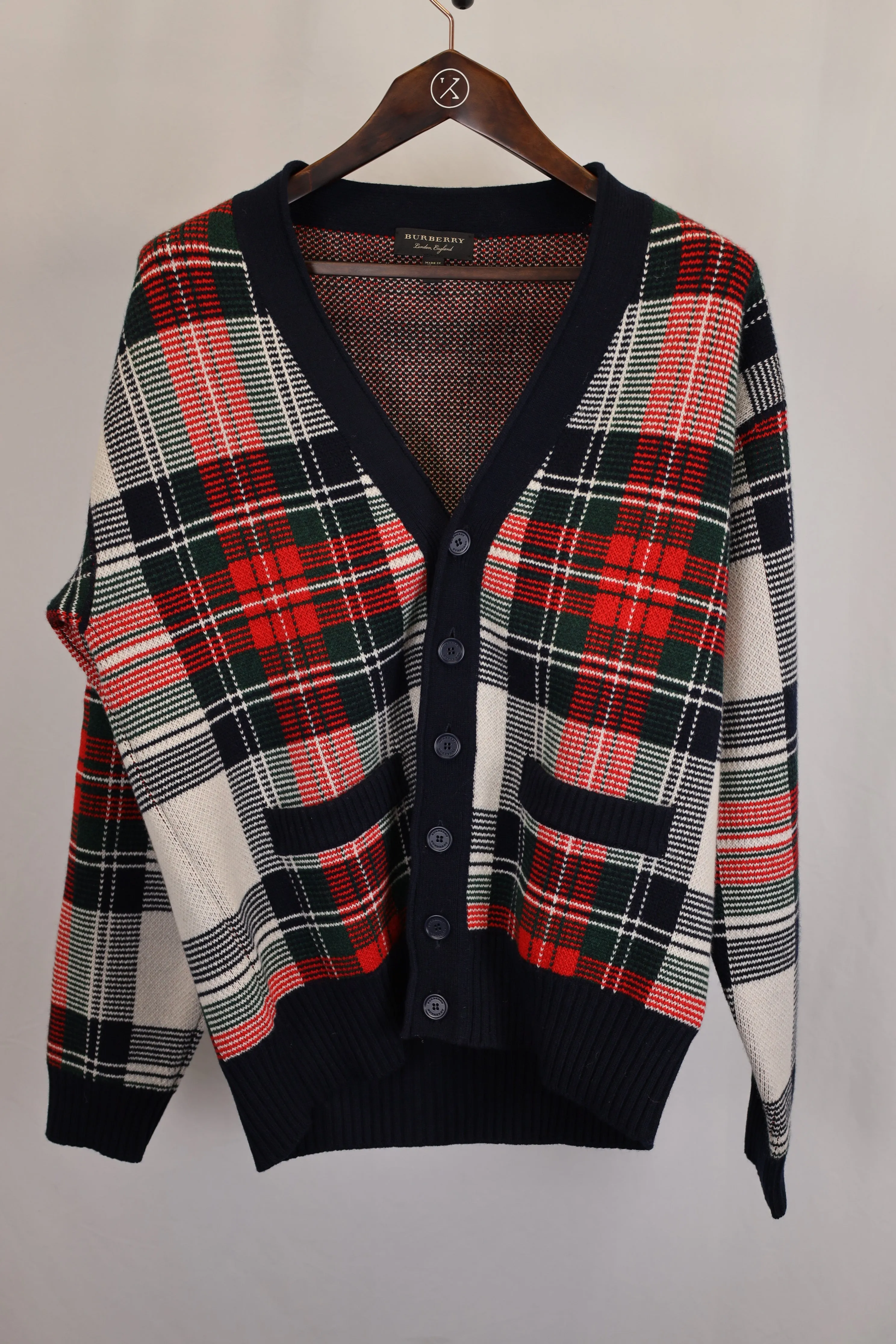 Burberry Check Cardigan in Red Wool