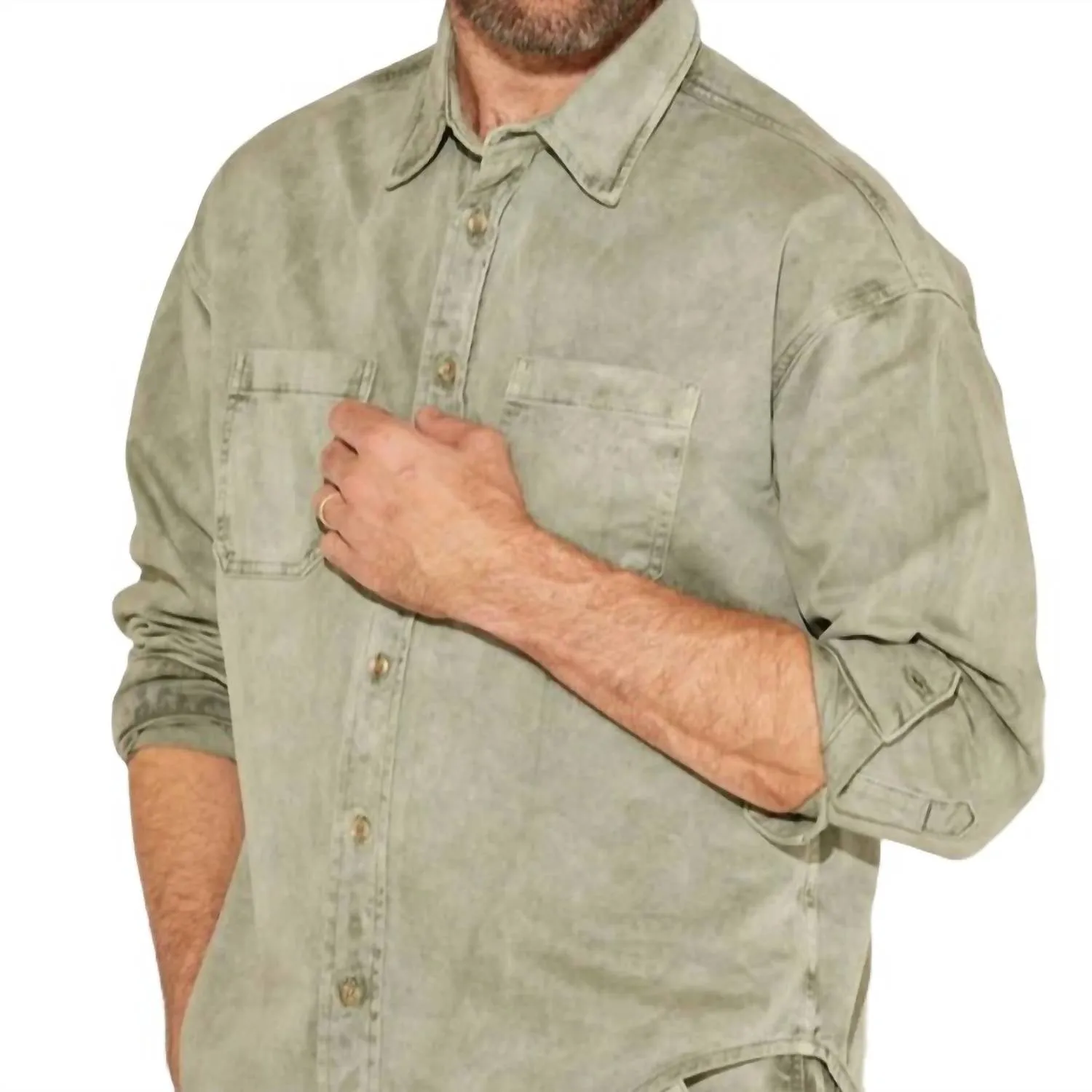 Caleb Button Front Jacket In Faded Olive
