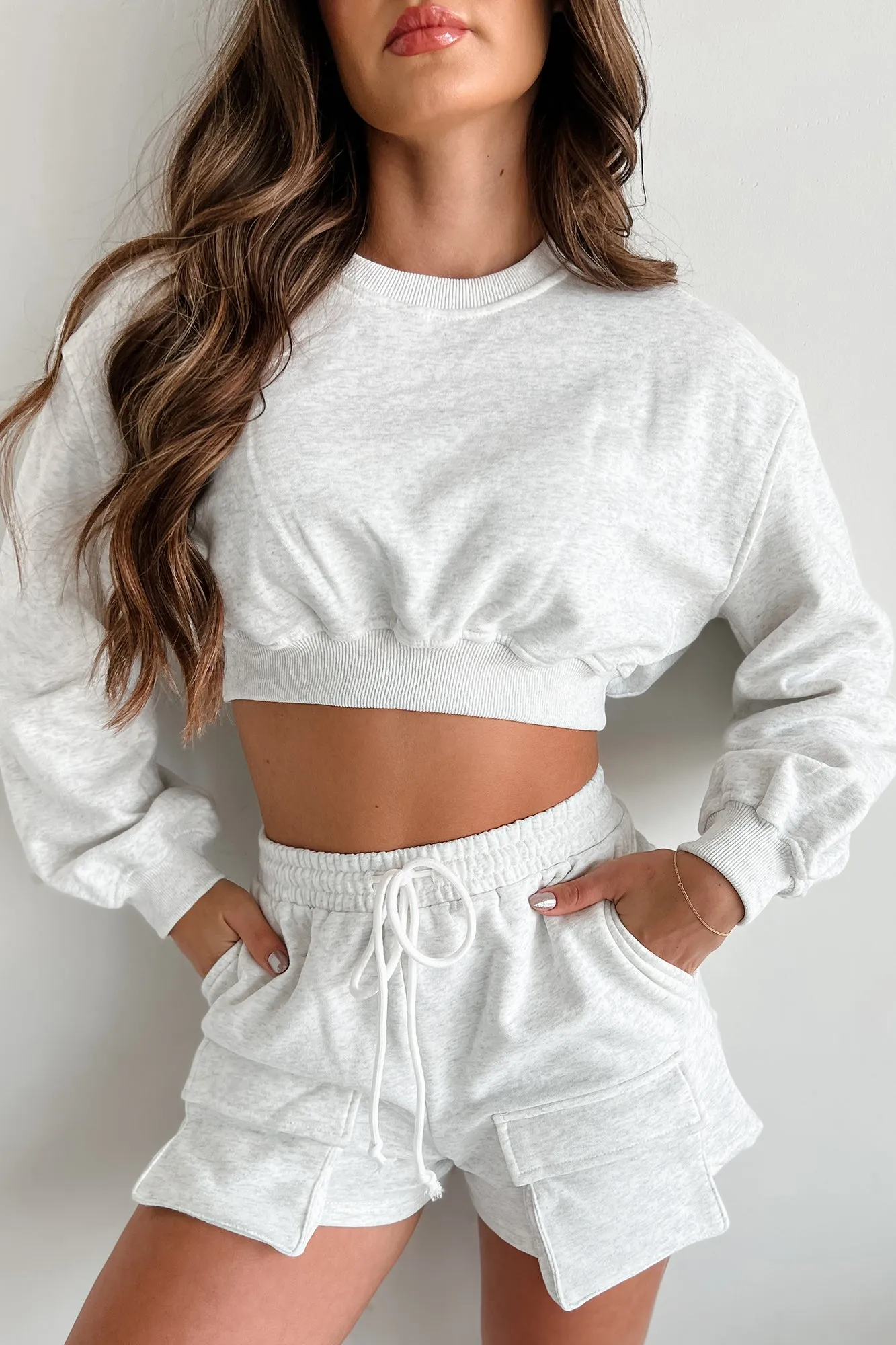 Can't Convince Me Crop Sweatshirt & Shorts Set (White Melange)