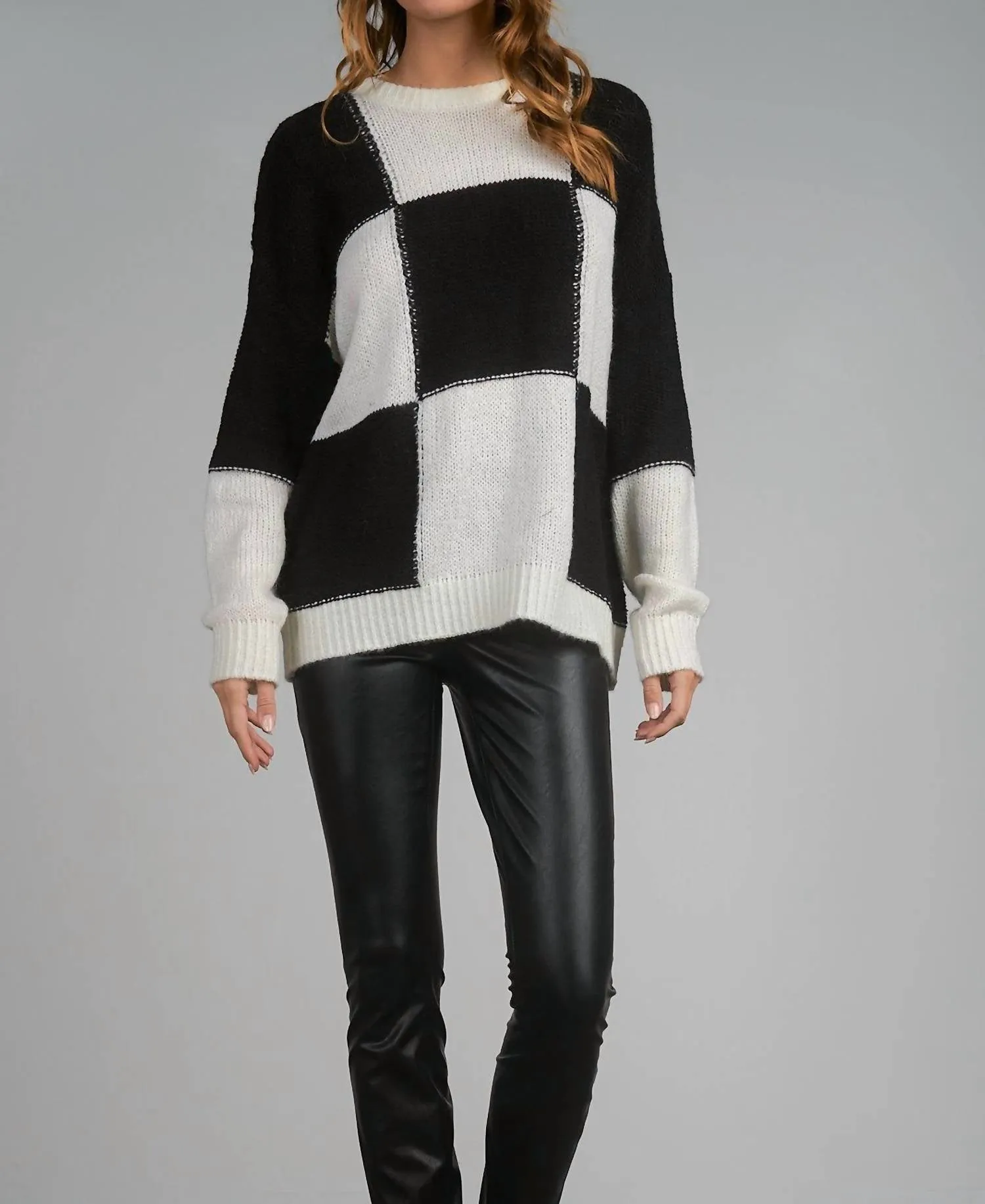 Checkerboard Crewneck Sweater In Black/white
