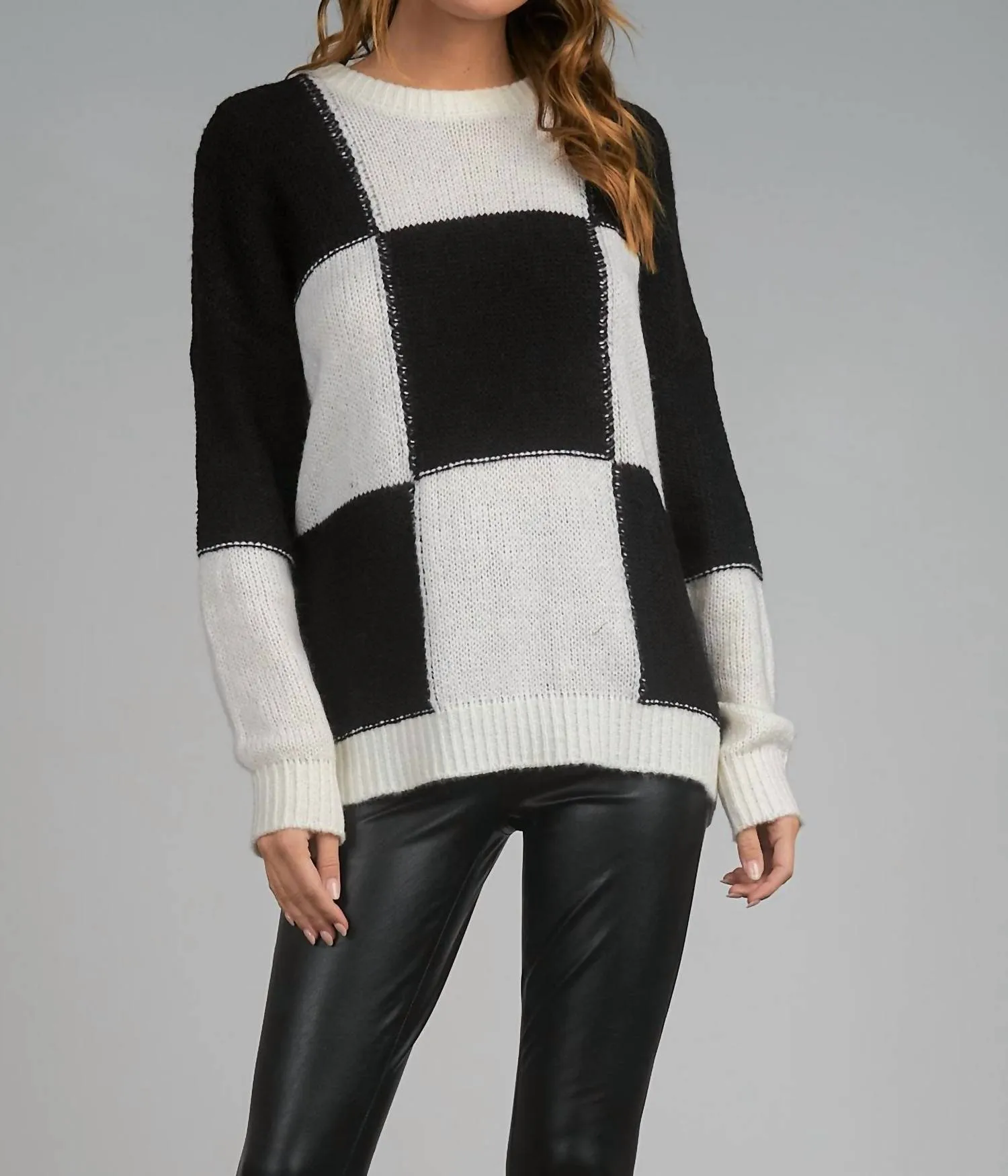 Checkerboard Crewneck Sweater In Black/white