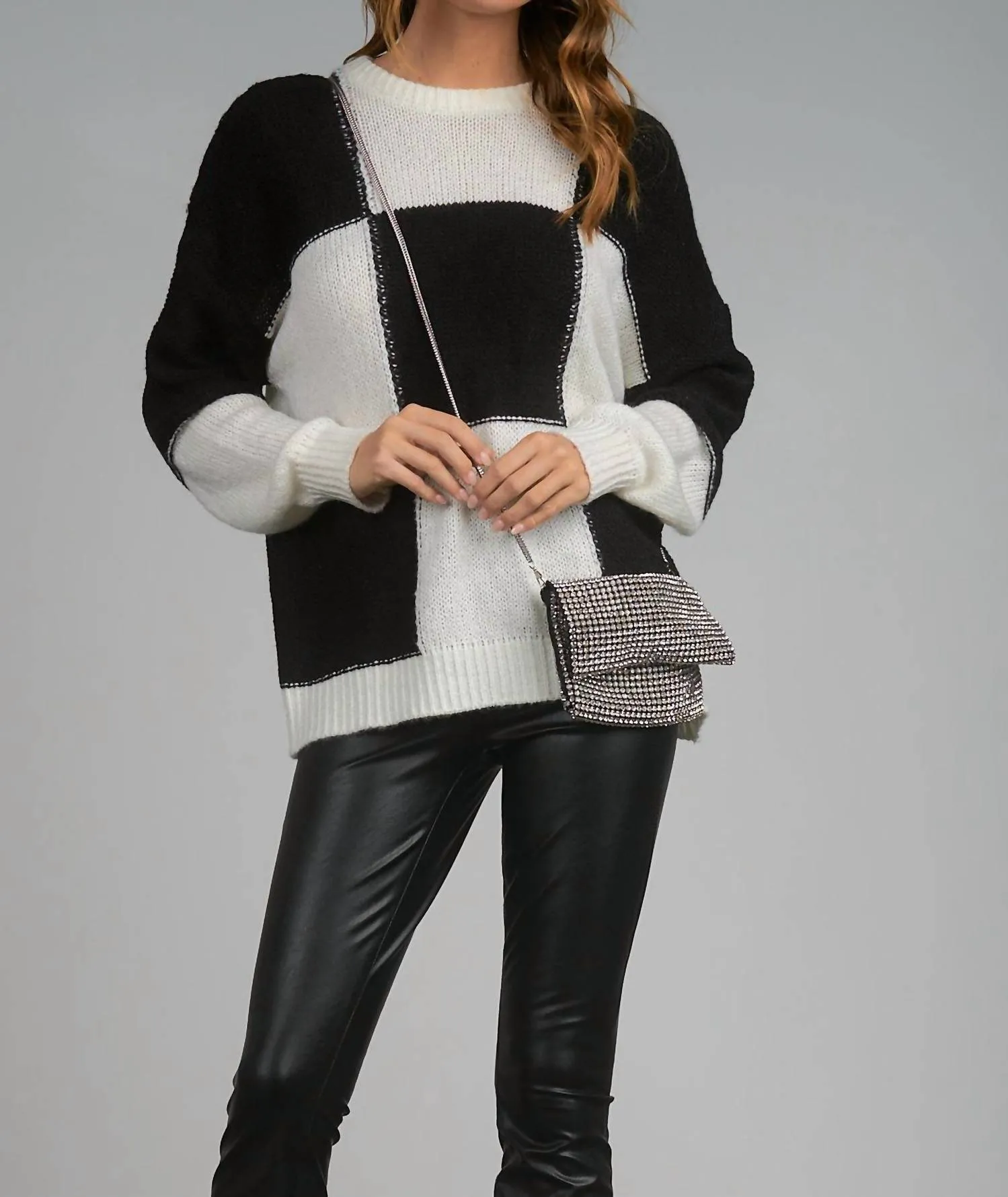 Checkerboard Crewneck Sweater In Black/white