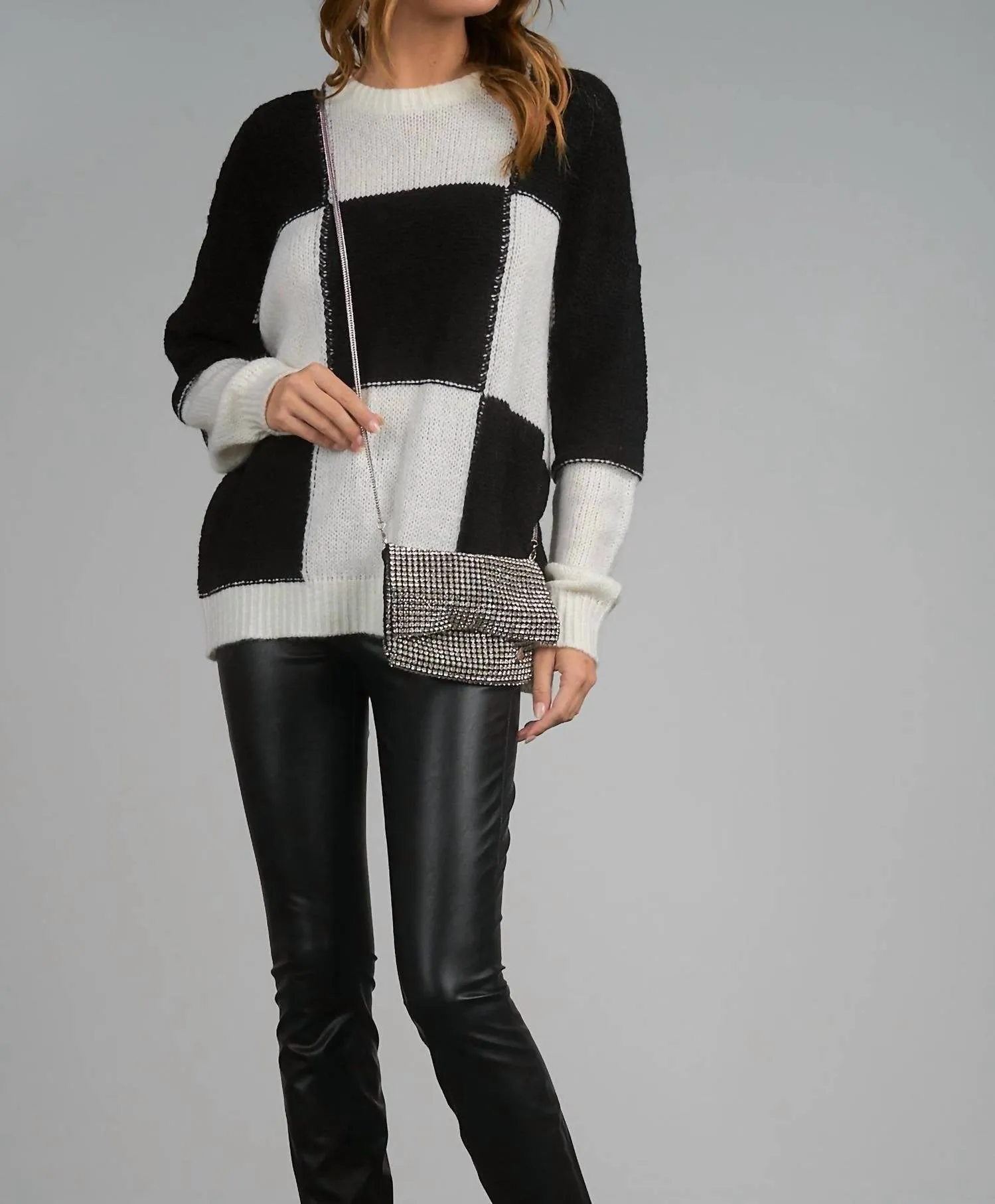Checkerboard Crewneck Sweater In Black/white