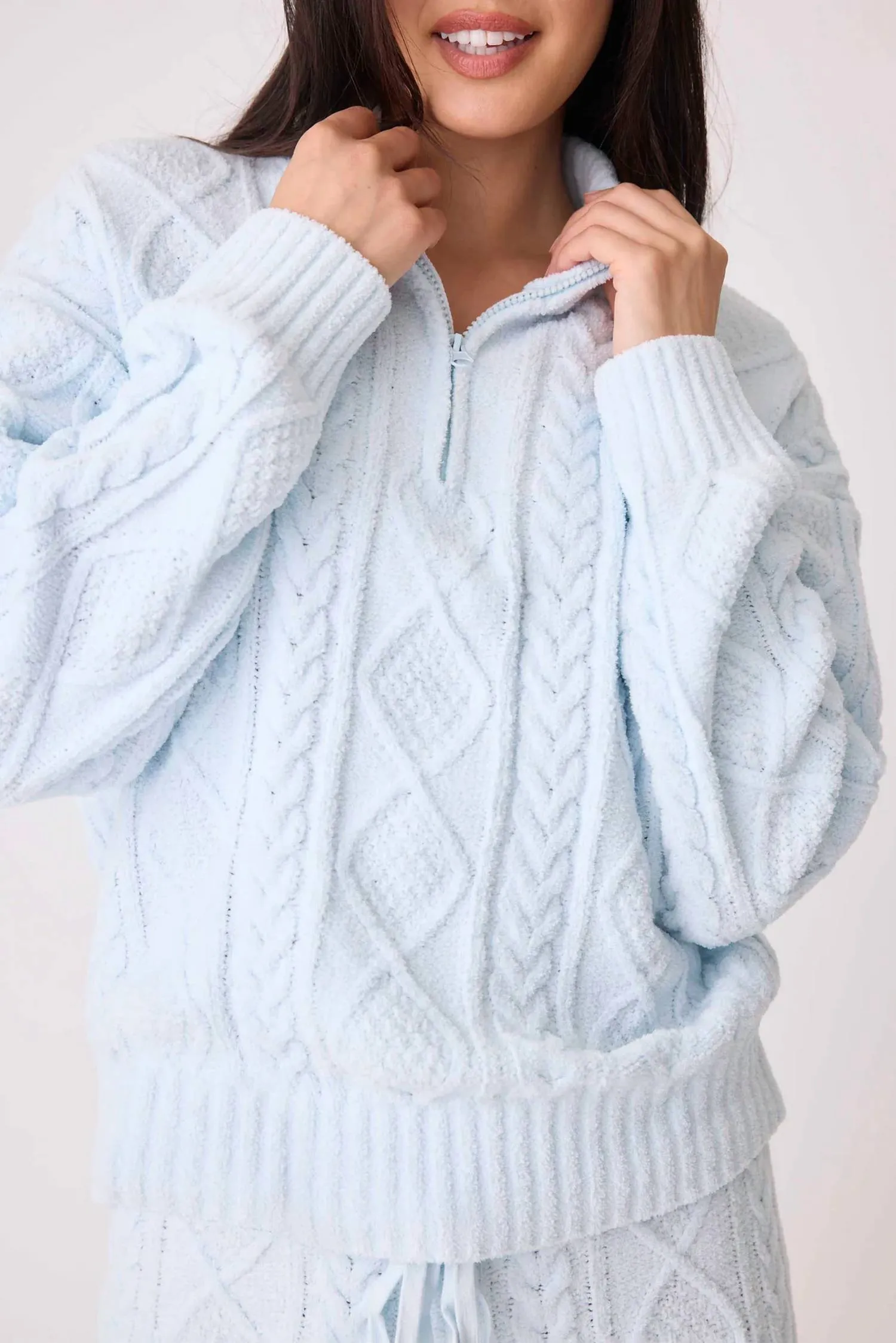 Chenille Cozy Cable Quarter Zip Sweater In Blue