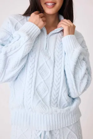 Chenille Cozy Cable Quarter Zip Sweater In Blue