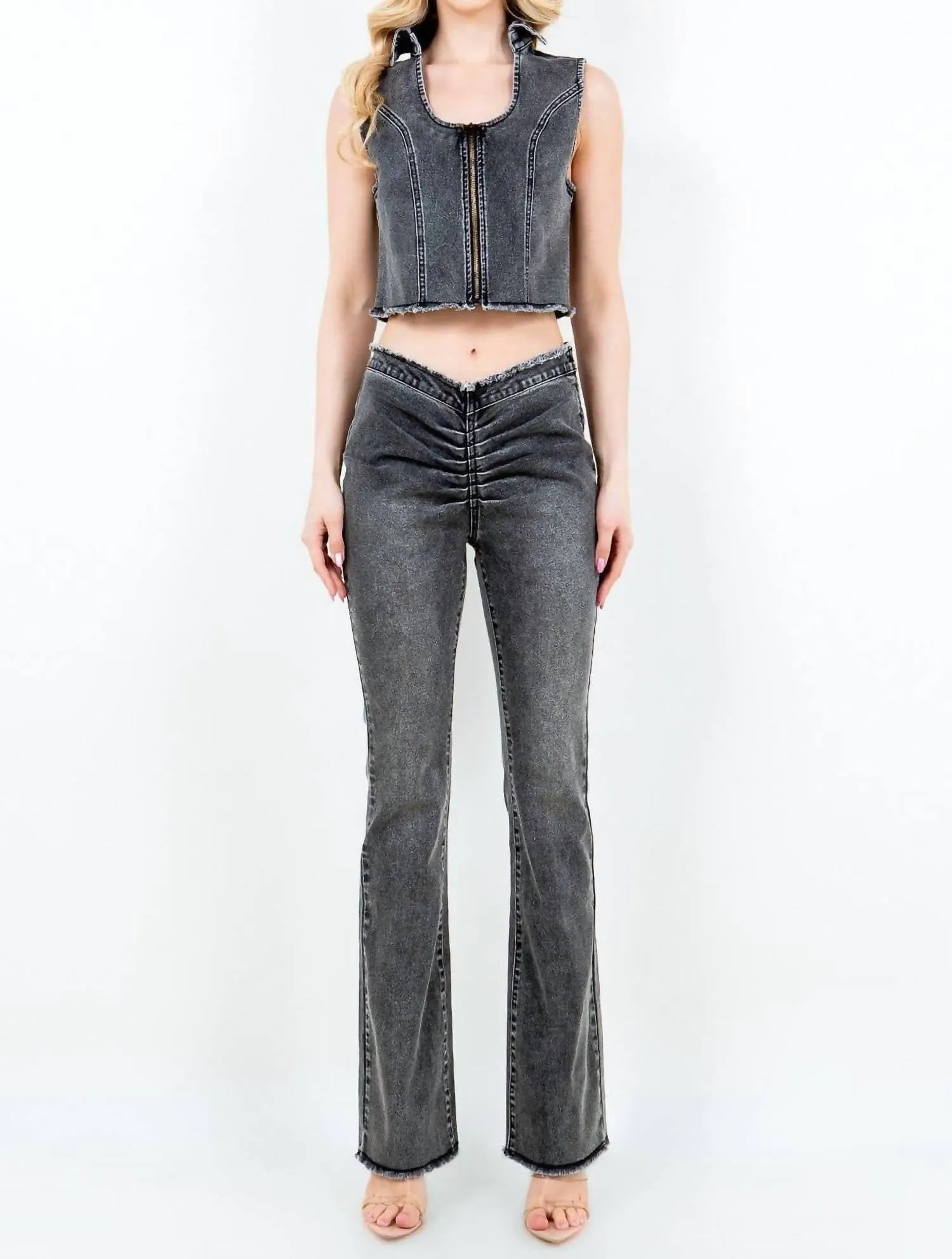 Chic V Cut Ruched Flare Pants In Black