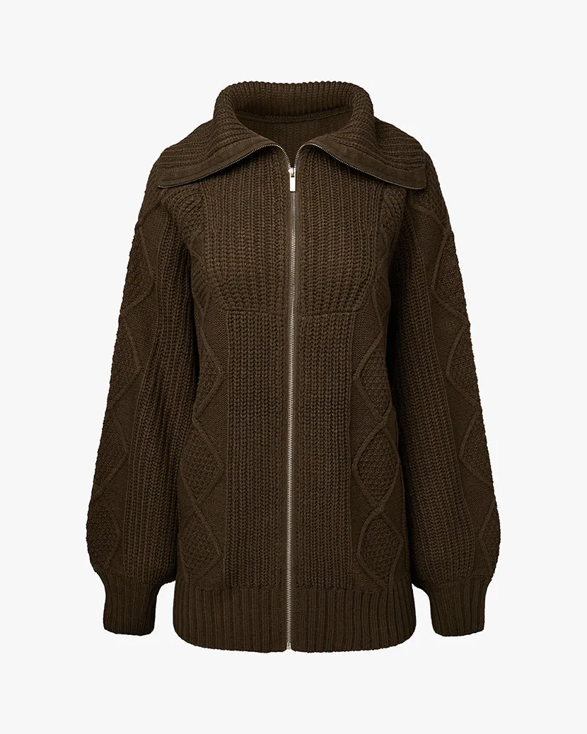 Chunky Cable Knit Zip Up Sweater