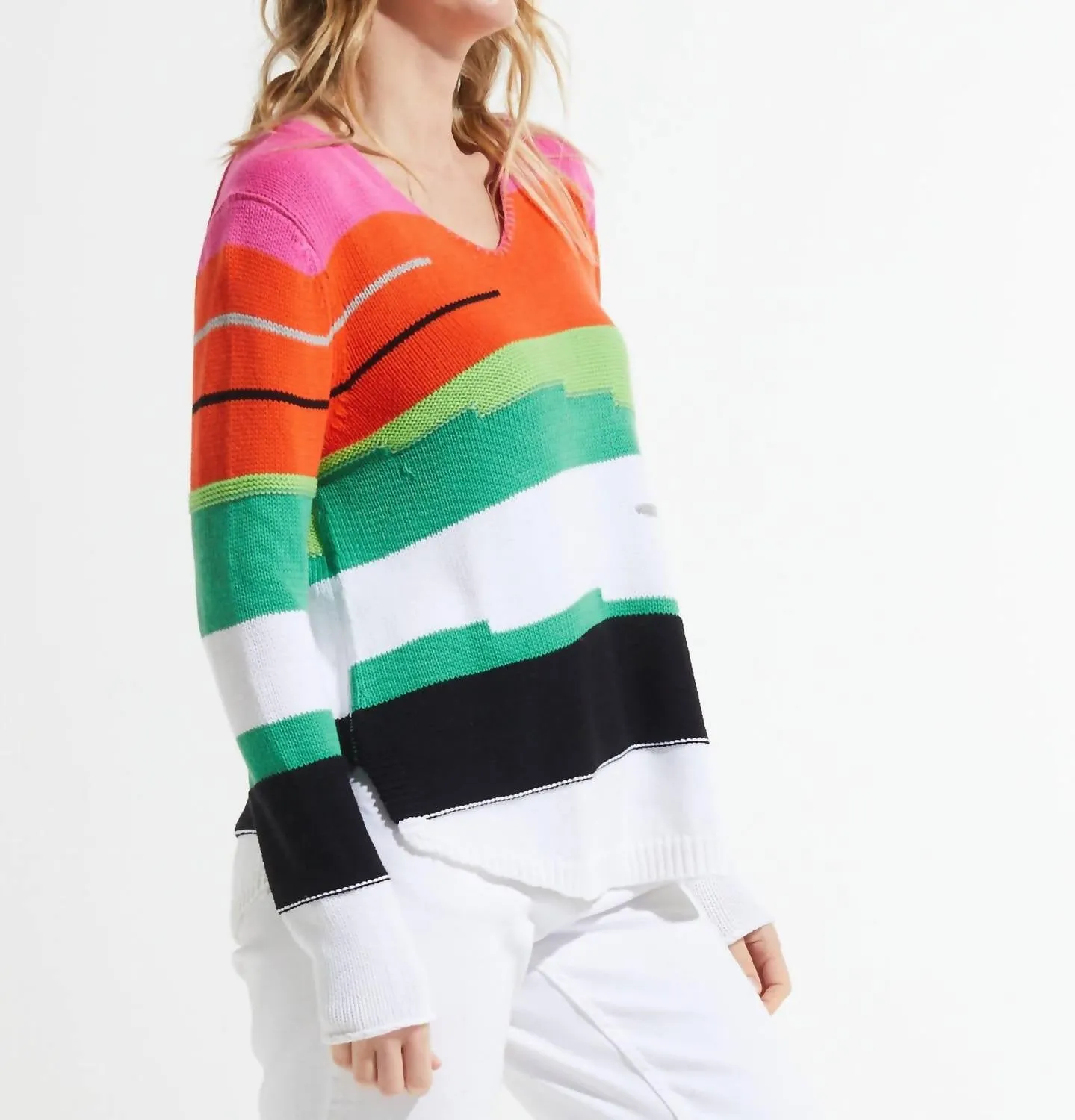 Chunky Cotton V-Neck Sweater In White (Multi)