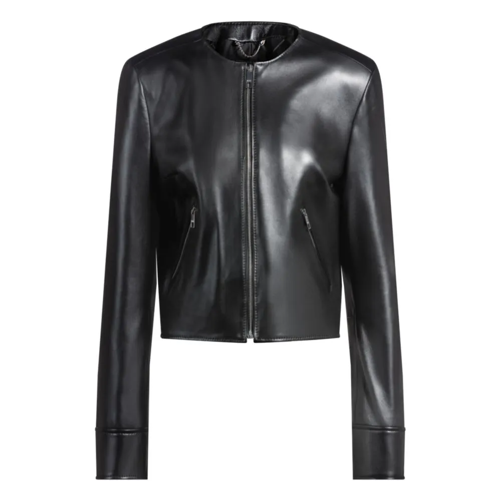 Collarless leather jacket with zip closure