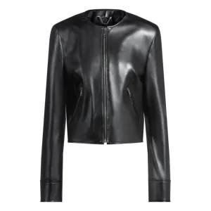 Collarless leather jacket with zip closure
