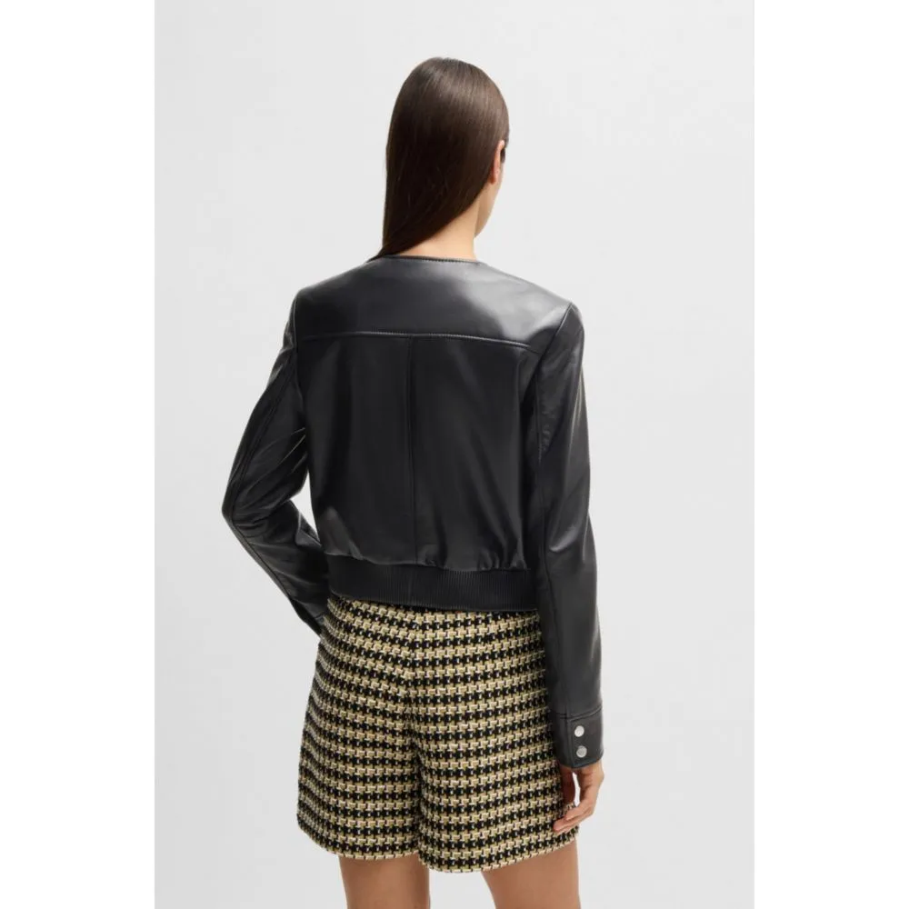 Collarless leather jacket with zip closure