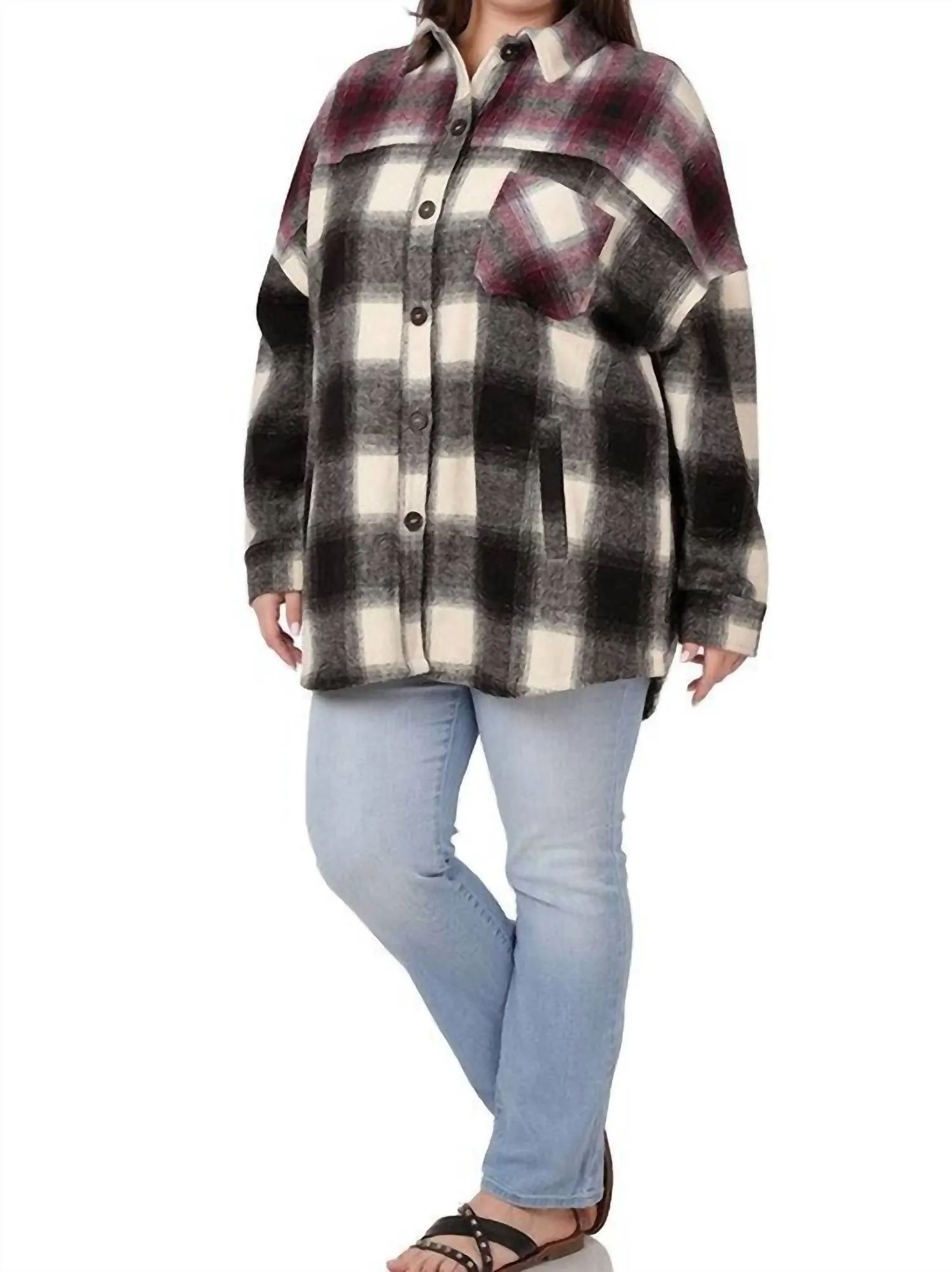 Colorblock Plaid Longline Shacket In Black And Burgundy