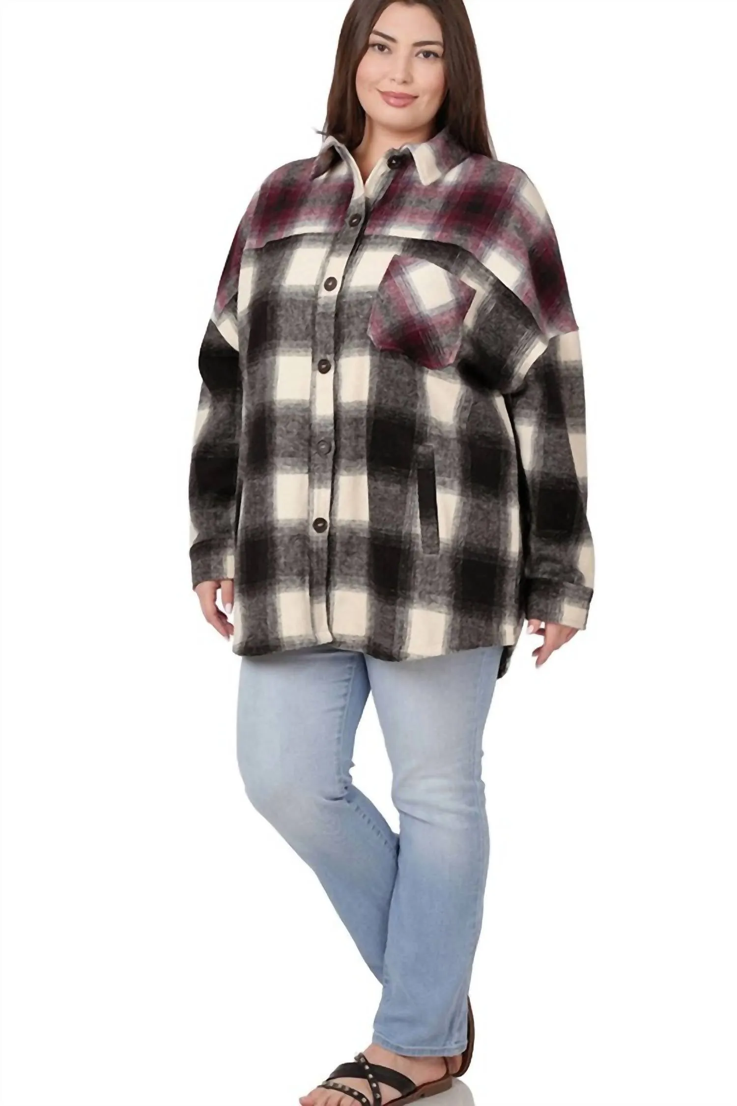 Colorblock Plaid Longline Shacket In Black And Burgundy