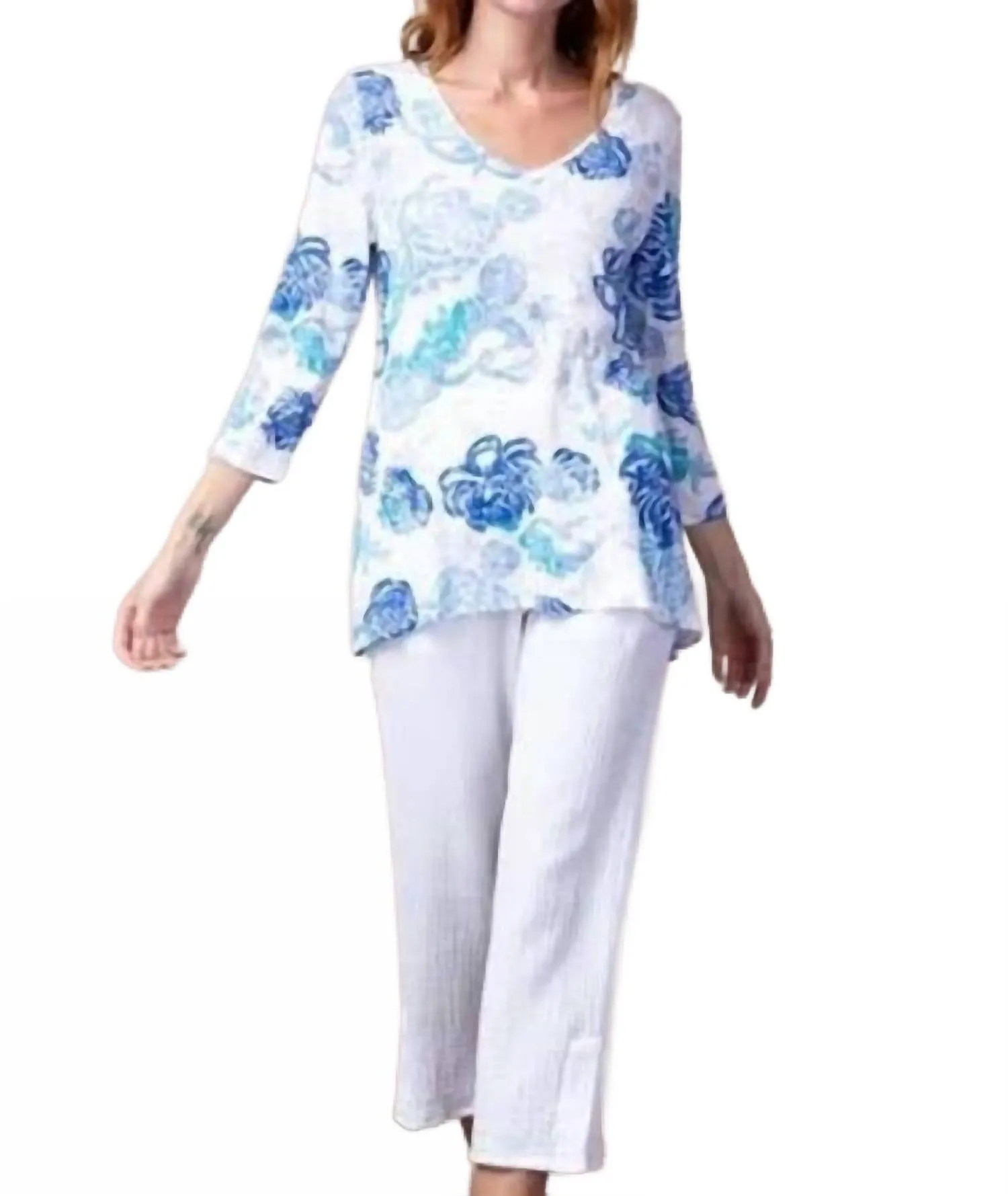 Cotton V-Neck Tunic In Denim