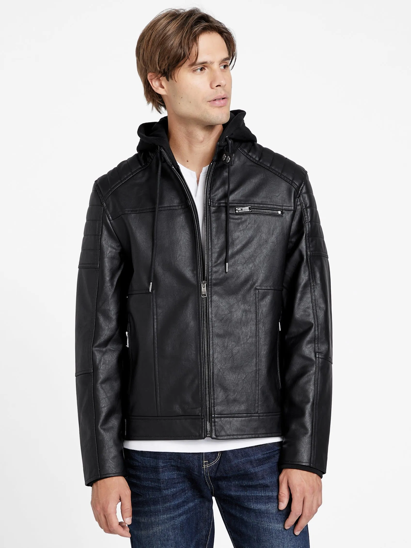 Davino Faux-Leather Hooded Moto Jacket