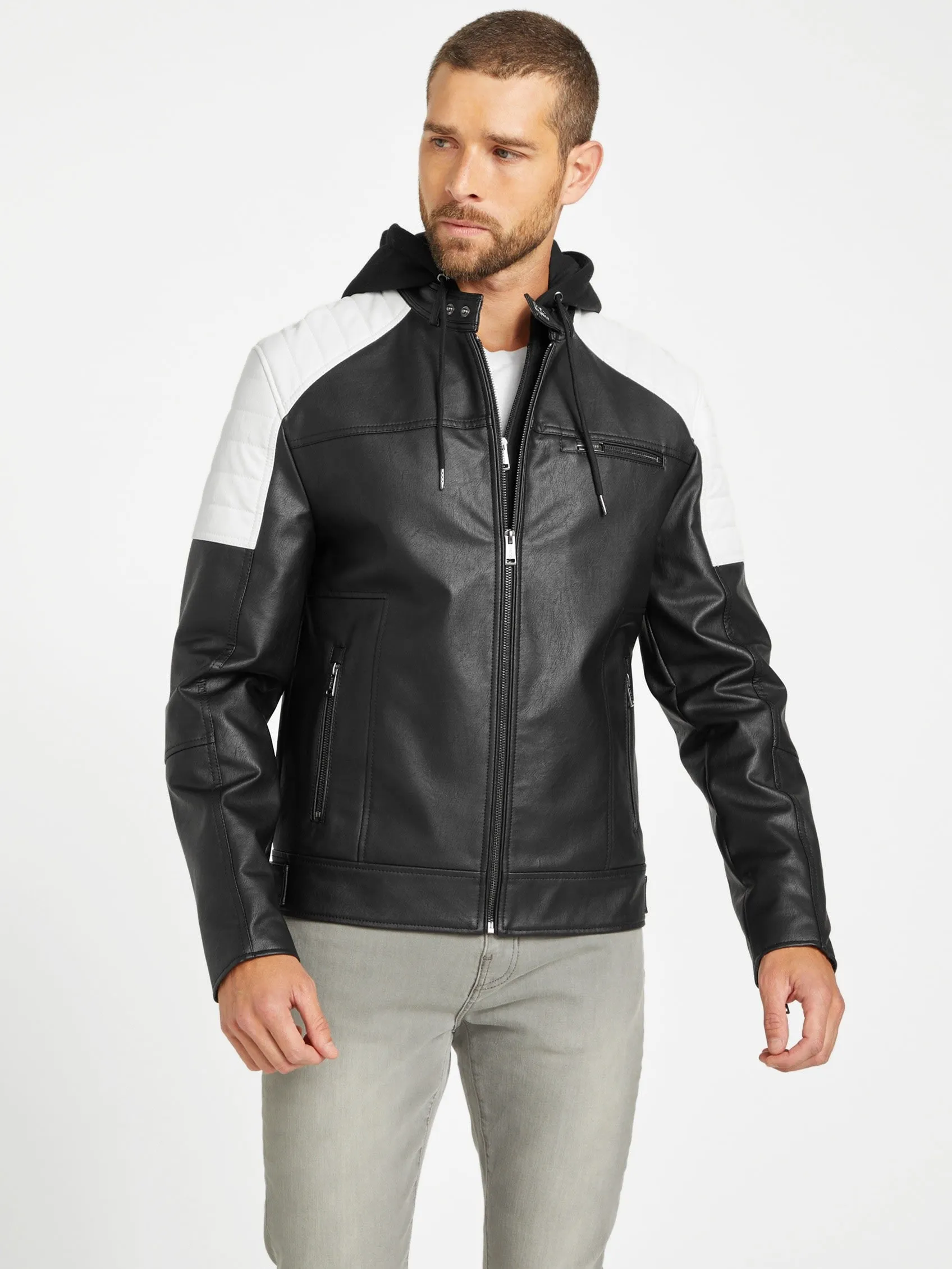 Davino Faux-Leather Hooded Moto Jacket