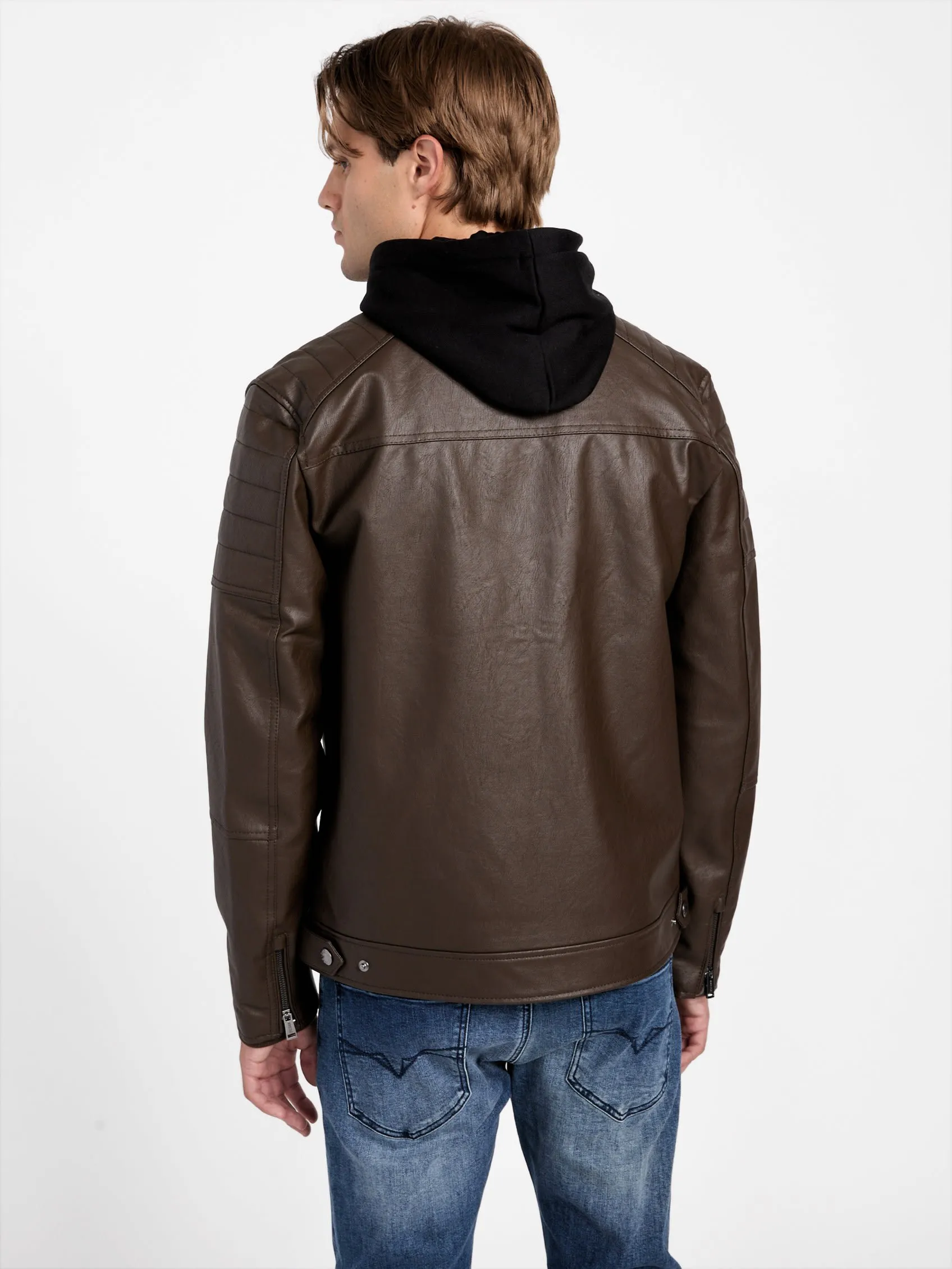 Davino Faux-Leather Hooded Moto Jacket