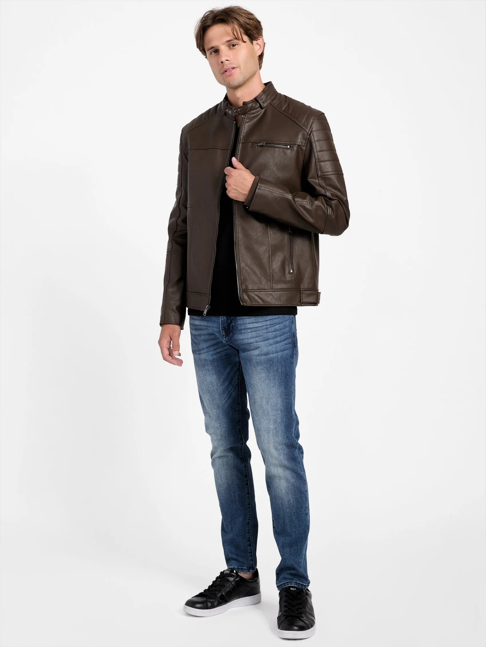 Davino Faux-Leather Hooded Moto Jacket