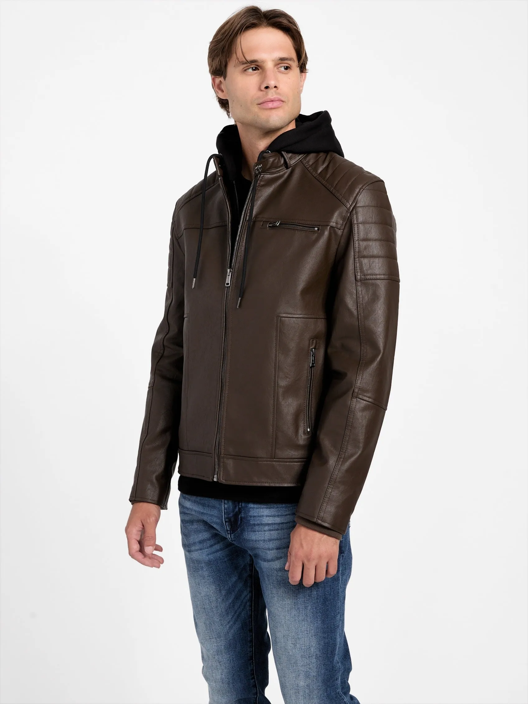 Davino Faux-Leather Hooded Moto Jacket