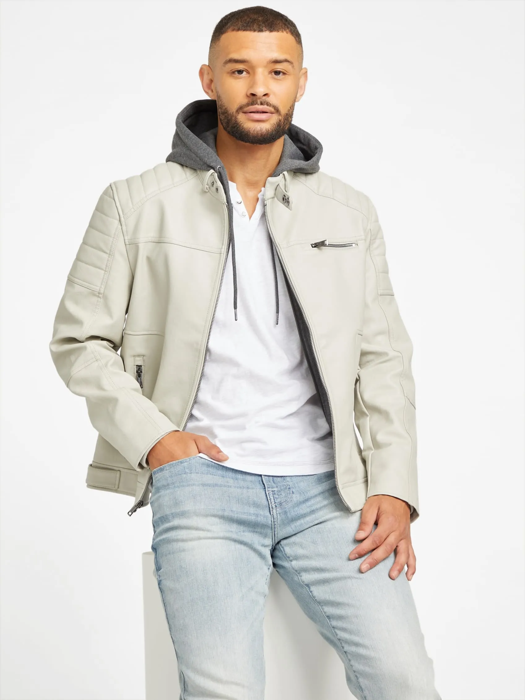 Davino Faux-Leather Hooded Moto Jacket