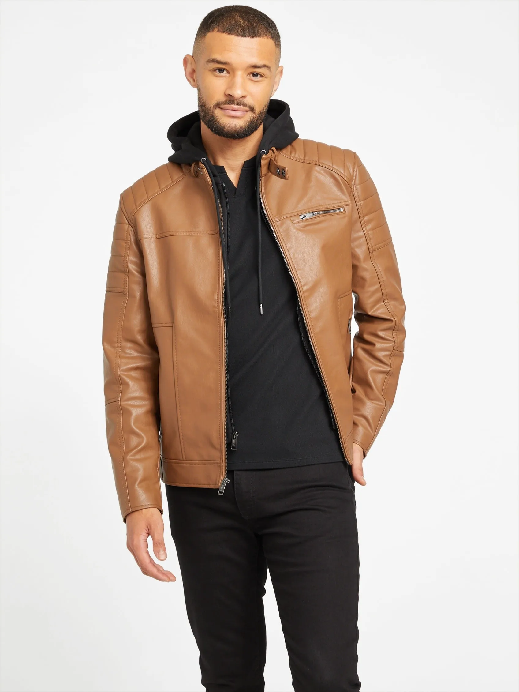 Davino Faux-Leather Hooded Moto Jacket