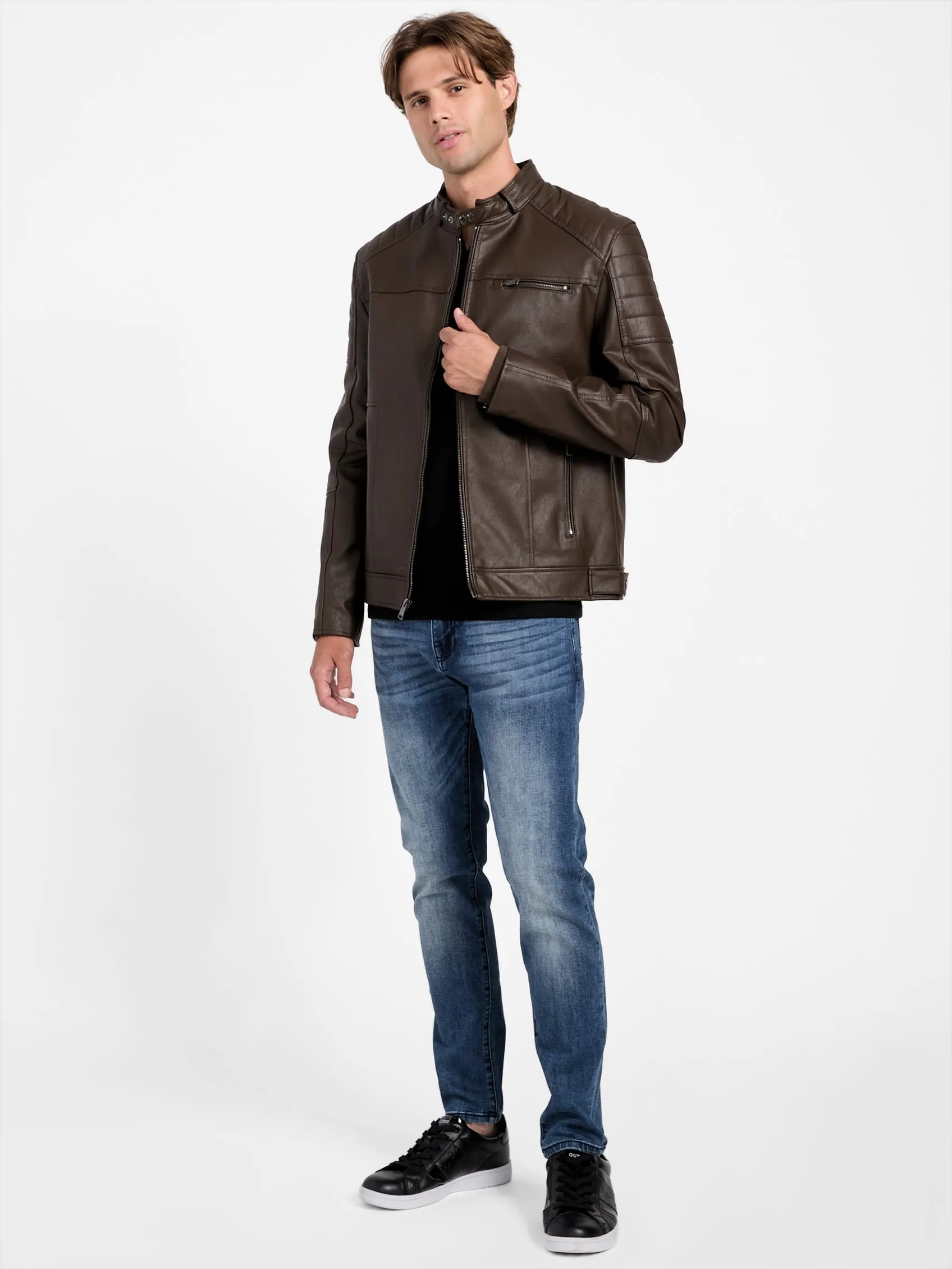 Davino Faux-Leather Hooded Moto Jacket