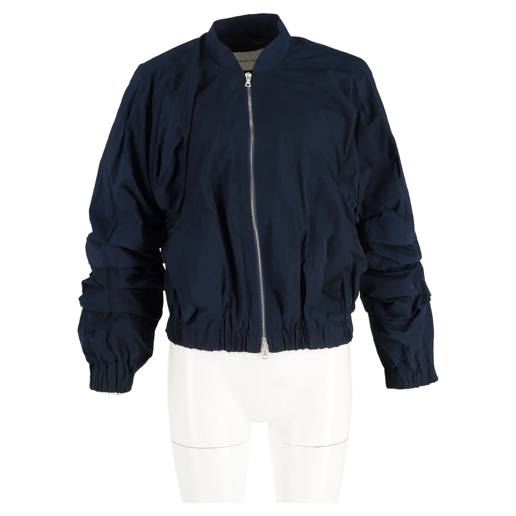 Dries Van Noten Ruffled Deconstructed Bomber Jacket In Navy Blue Satin
