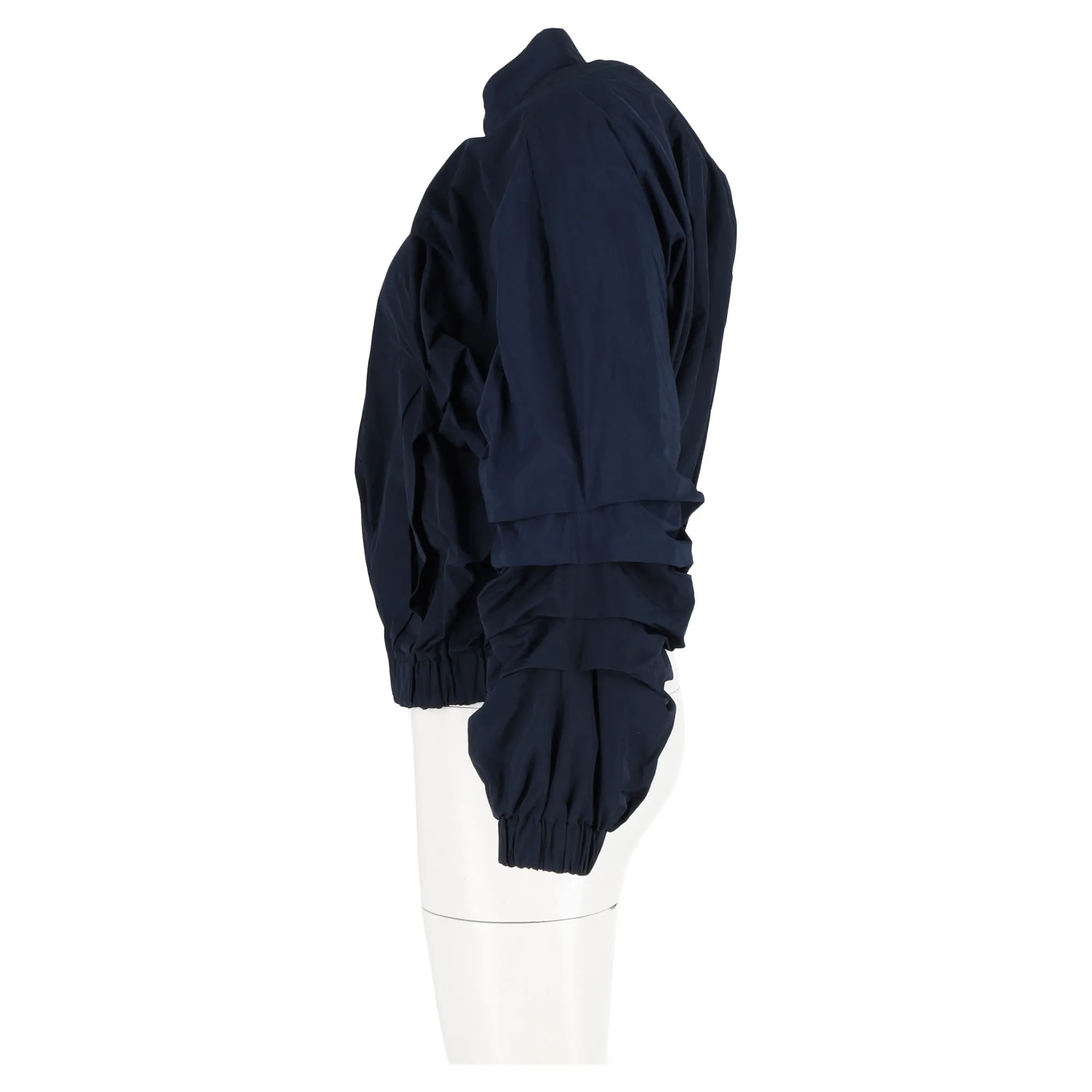 Dries Van Noten Ruffled Deconstructed Bomber Jacket In Navy Blue Satin