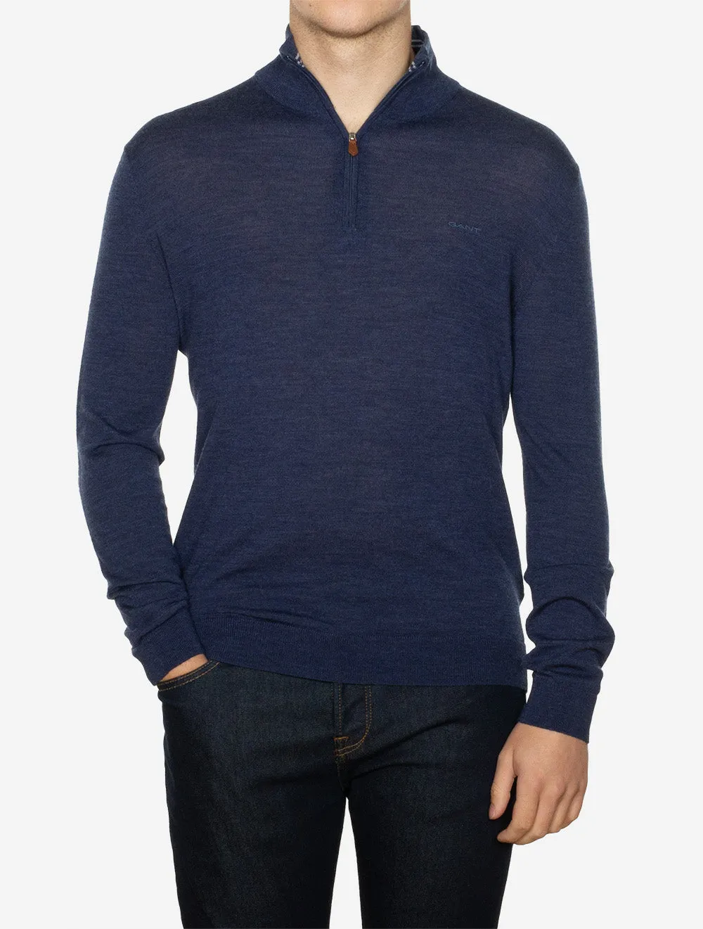 Extra Fine Merino Wool Half Zip Marine Melange