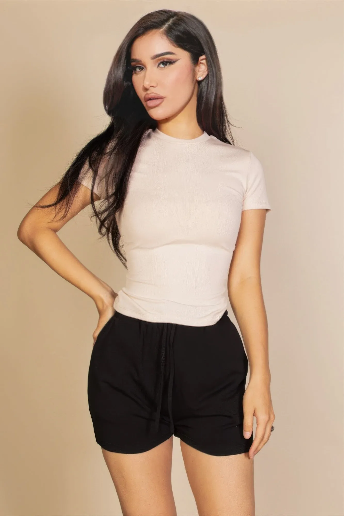 FASHNZFAB Women's Ribbed Round Neck Short Sleeve Top