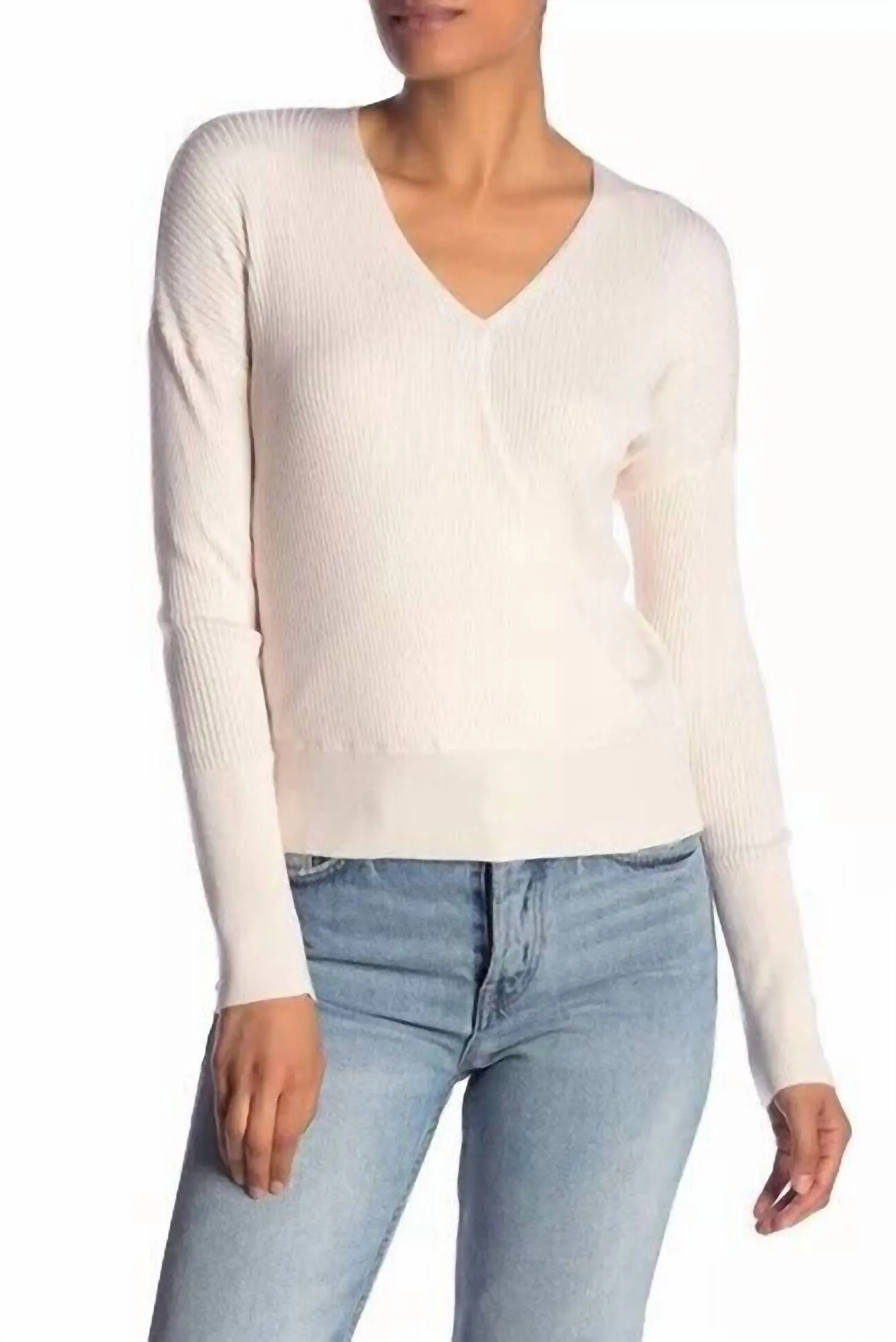 Faux Wrap Ribbed Knit Surplice V Neck Sweater In Ivory