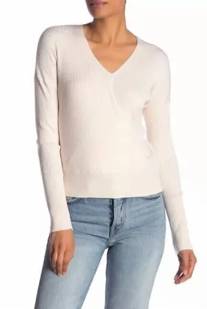 Faux Wrap Ribbed Knit Surplice V Neck Sweater In Ivory
