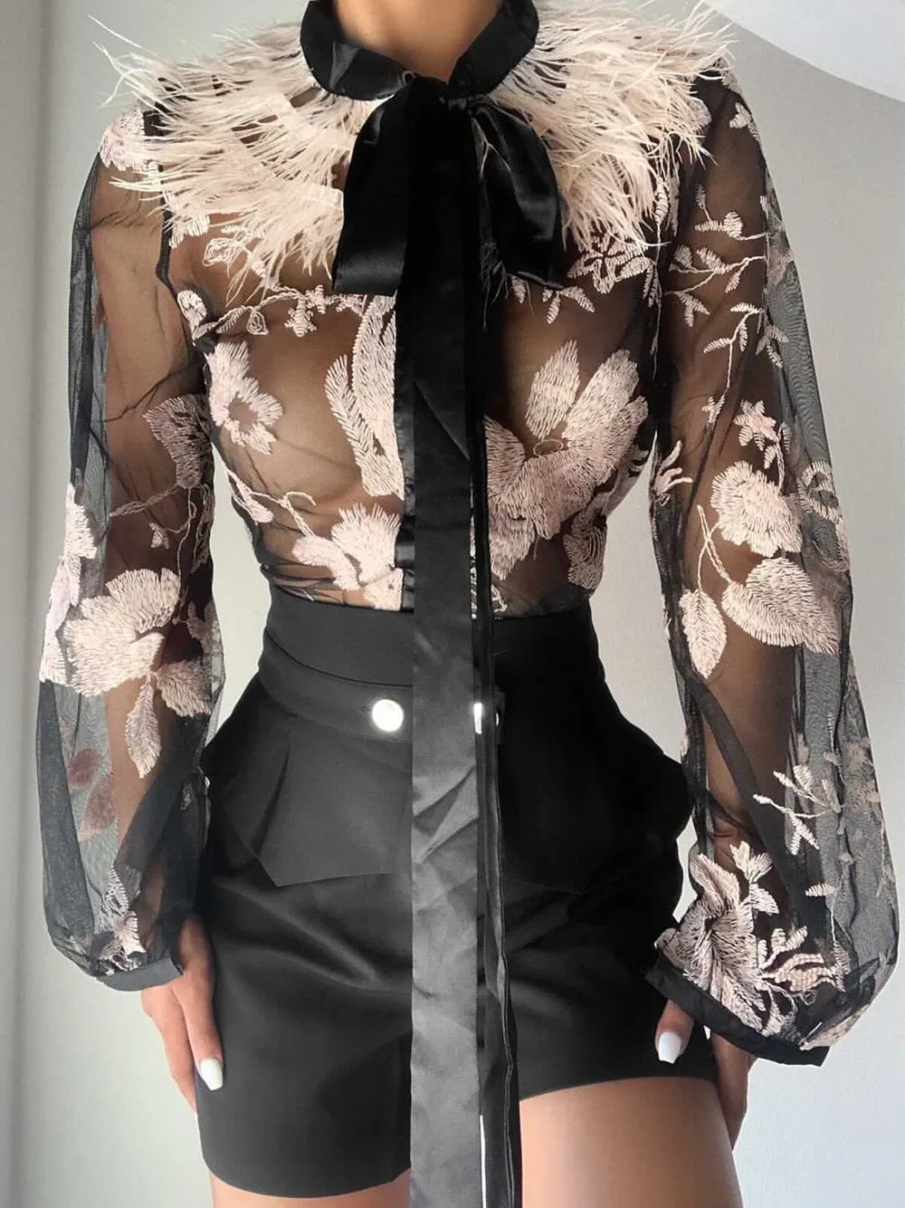 Feathers Embroidery Vintage Blouse   Shorts Set
