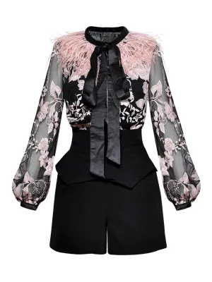 Feathers Embroidery Vintage Blouse   Shorts Set