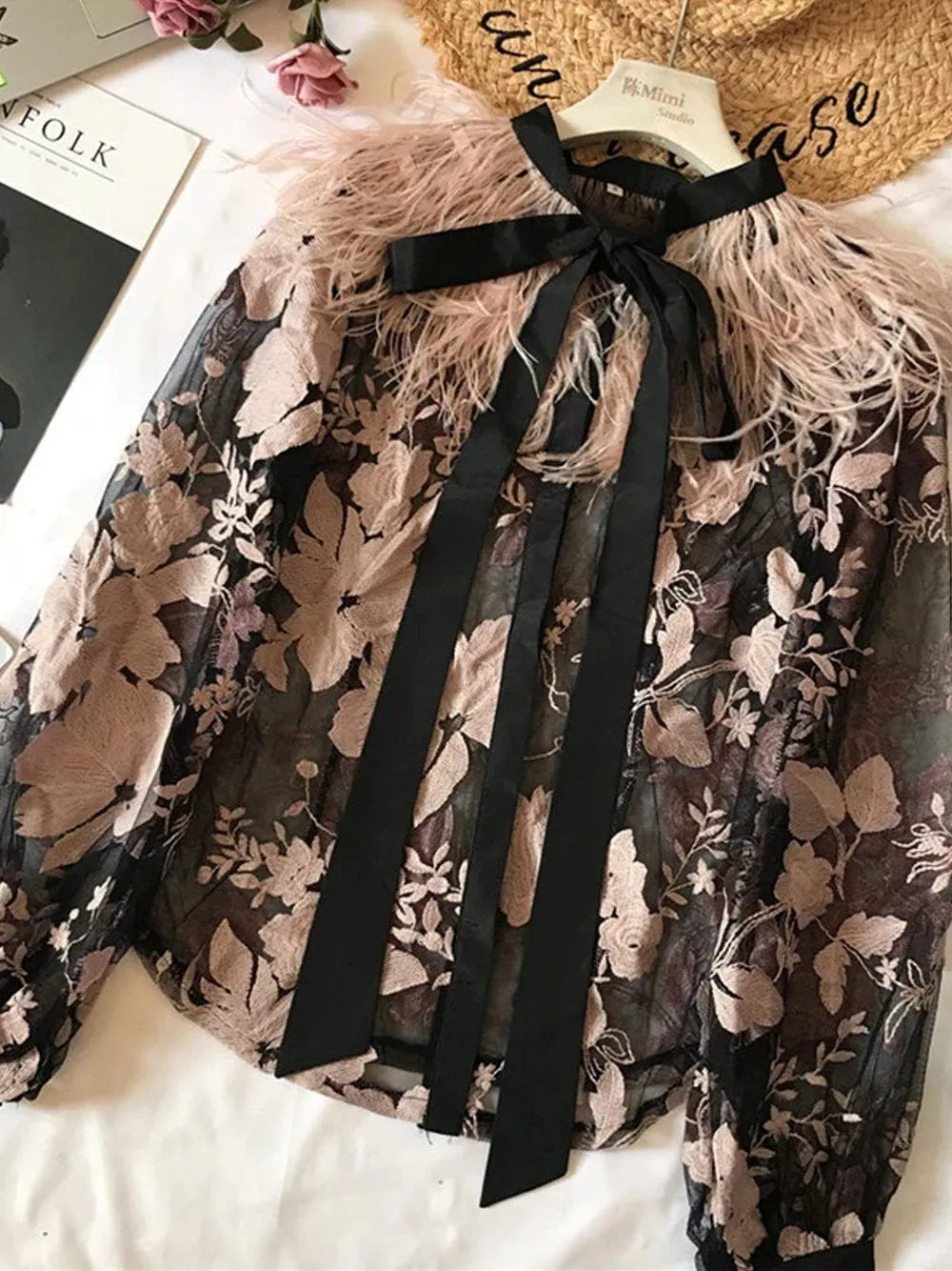 Feathers Embroidery Vintage Blouse   Shorts Set