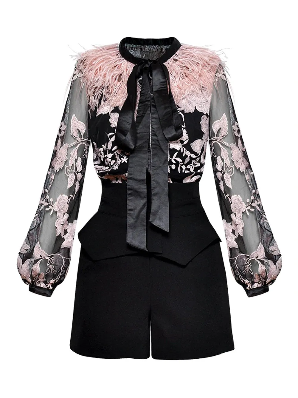 Feathers Embroidery Vintage Blouse   Shorts Set