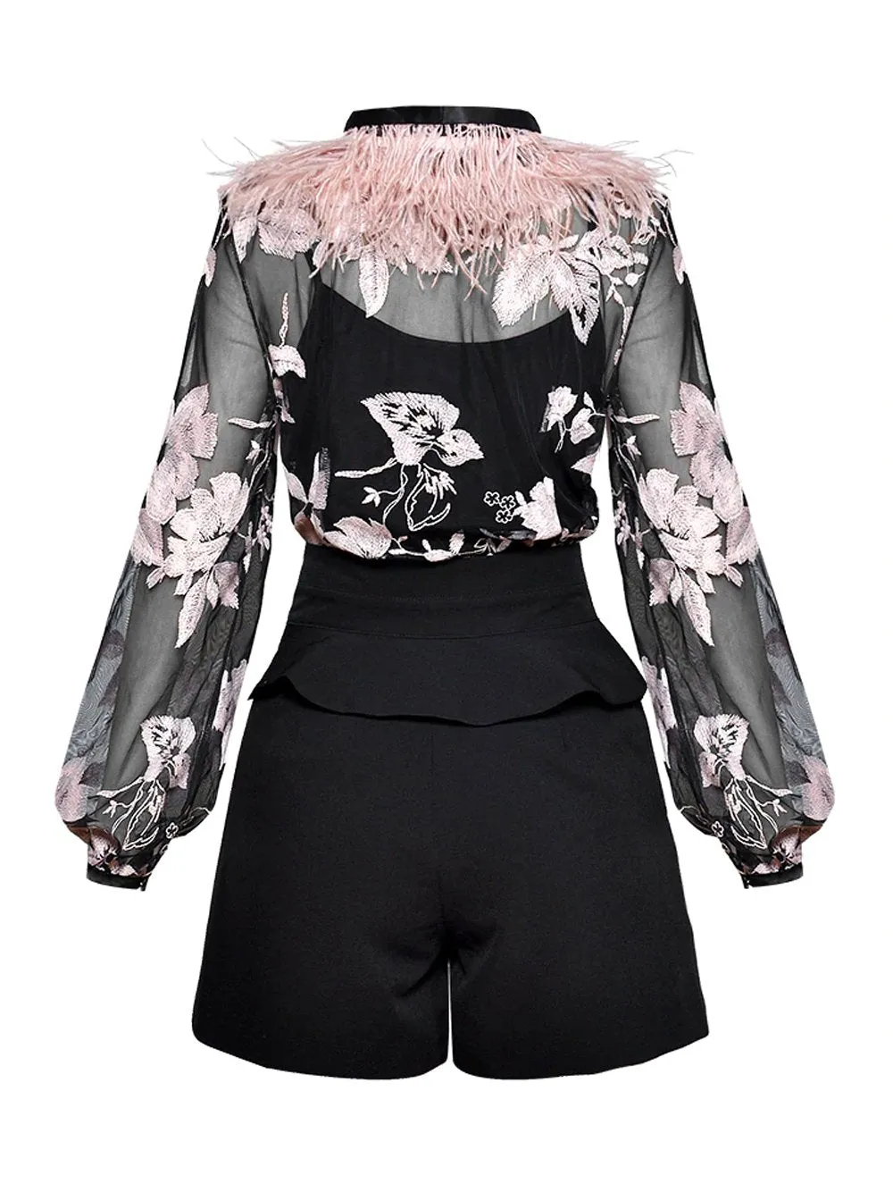 Feathers Embroidery Vintage Blouse   Shorts Set