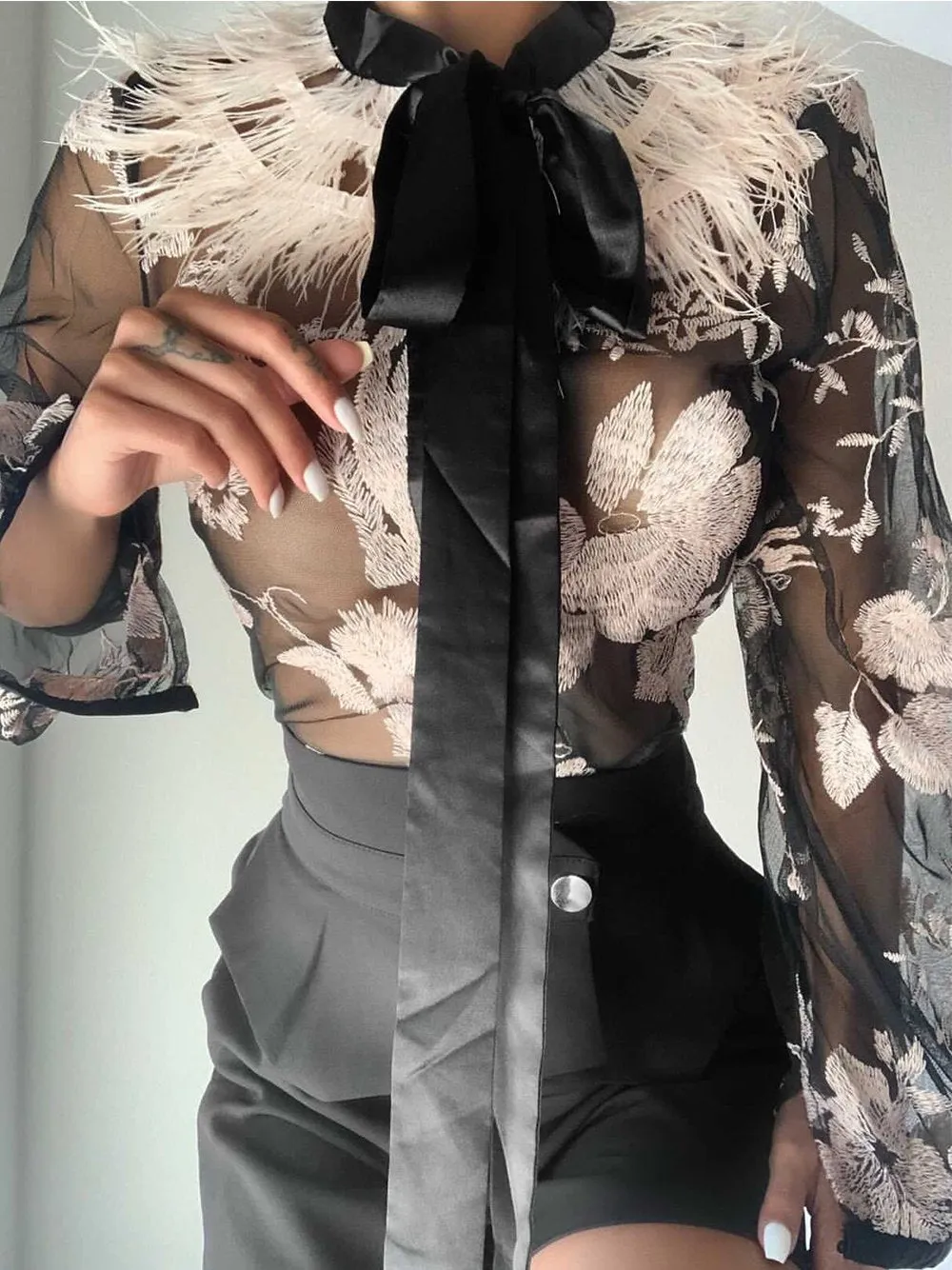 Feathers Embroidery Vintage Blouse   Shorts Set