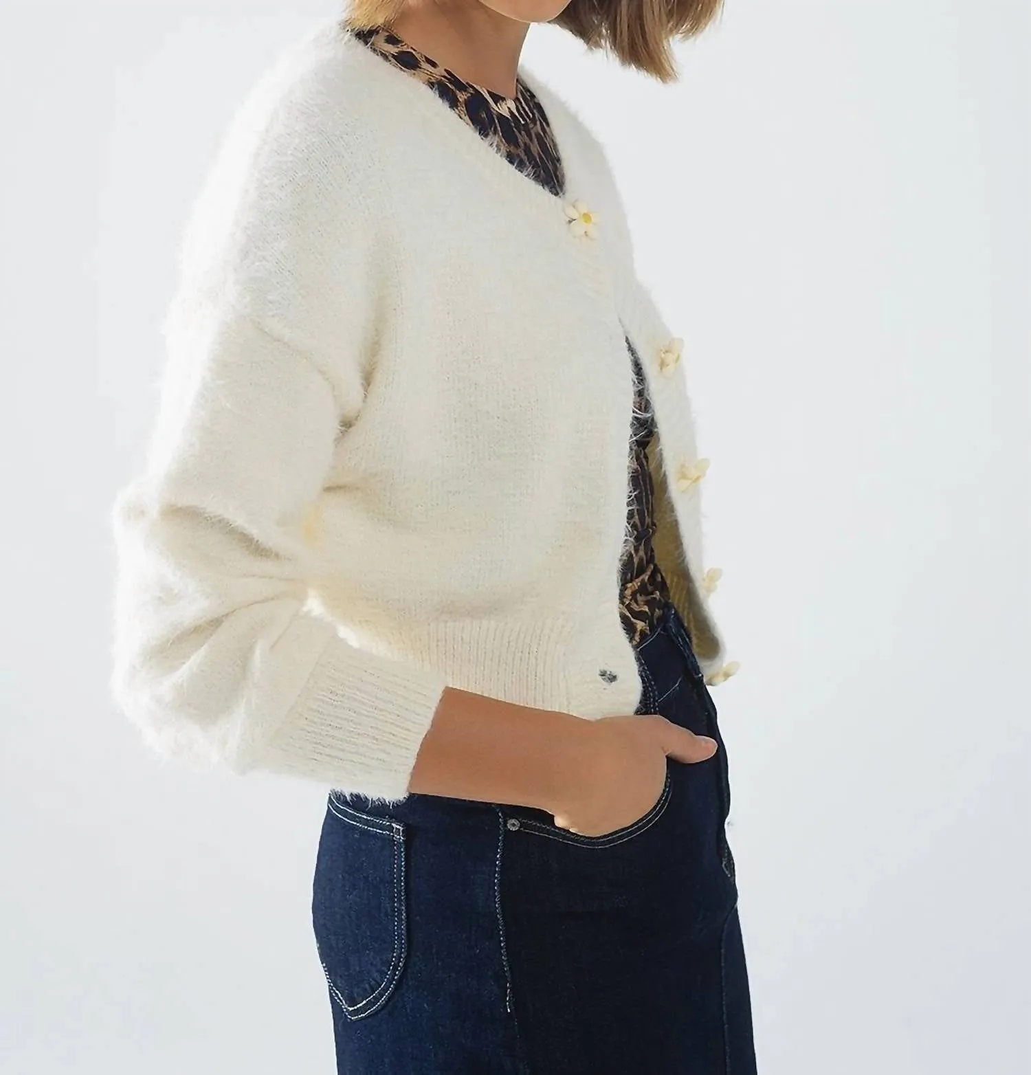 Flower Button Cardigan In Cream