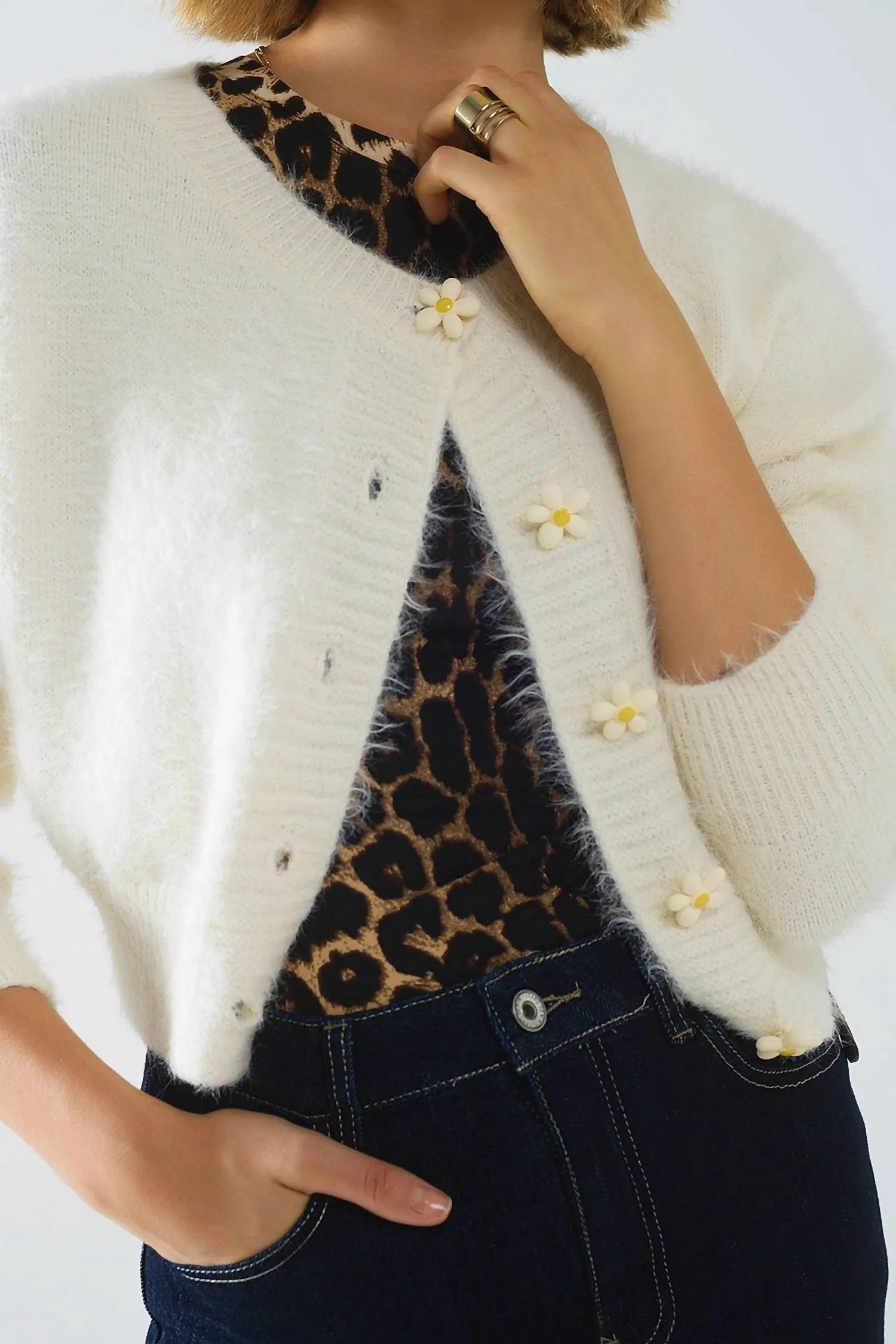 Flower Button Cardigan In Cream
