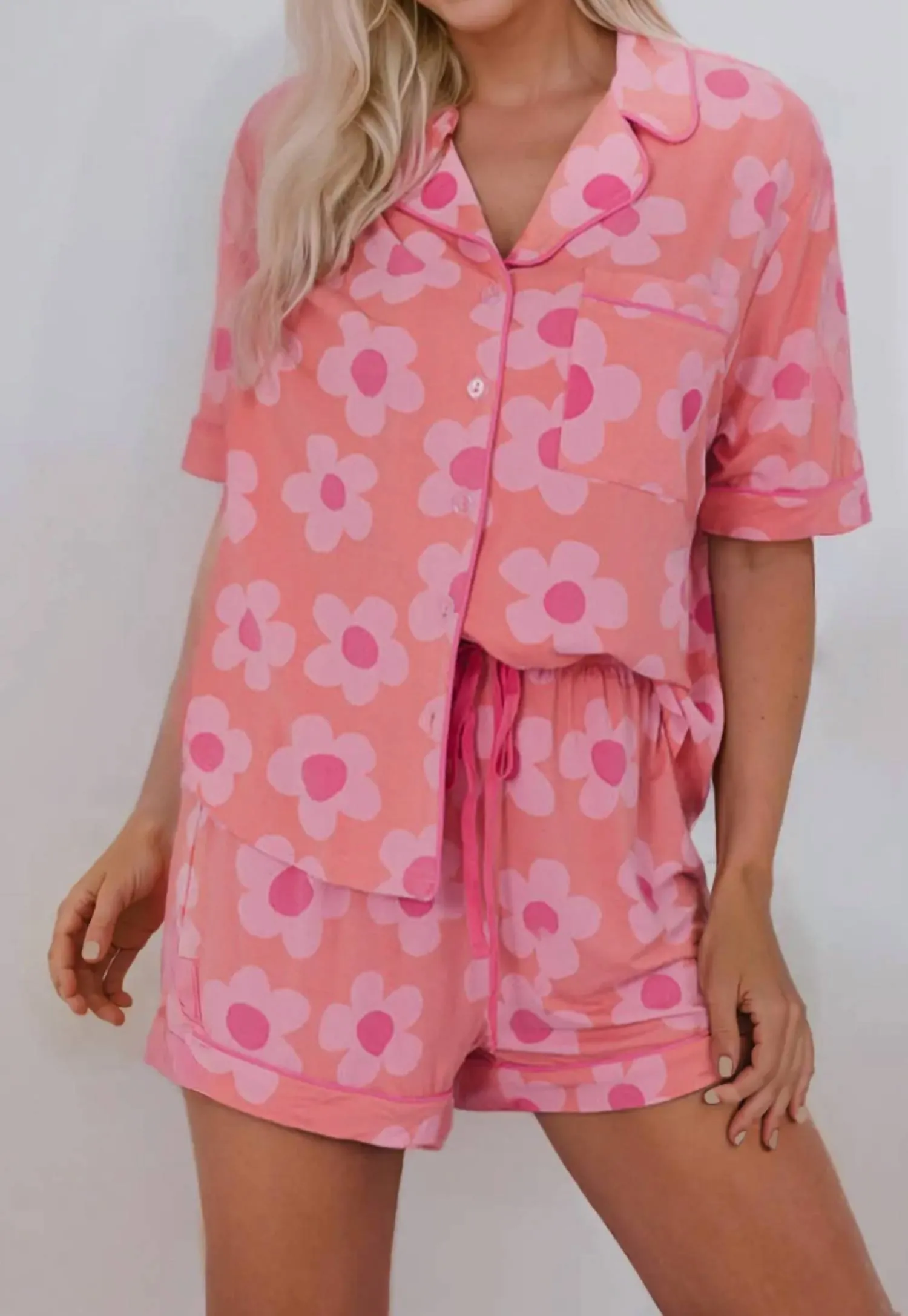 Flower Pajama Set In Coral
