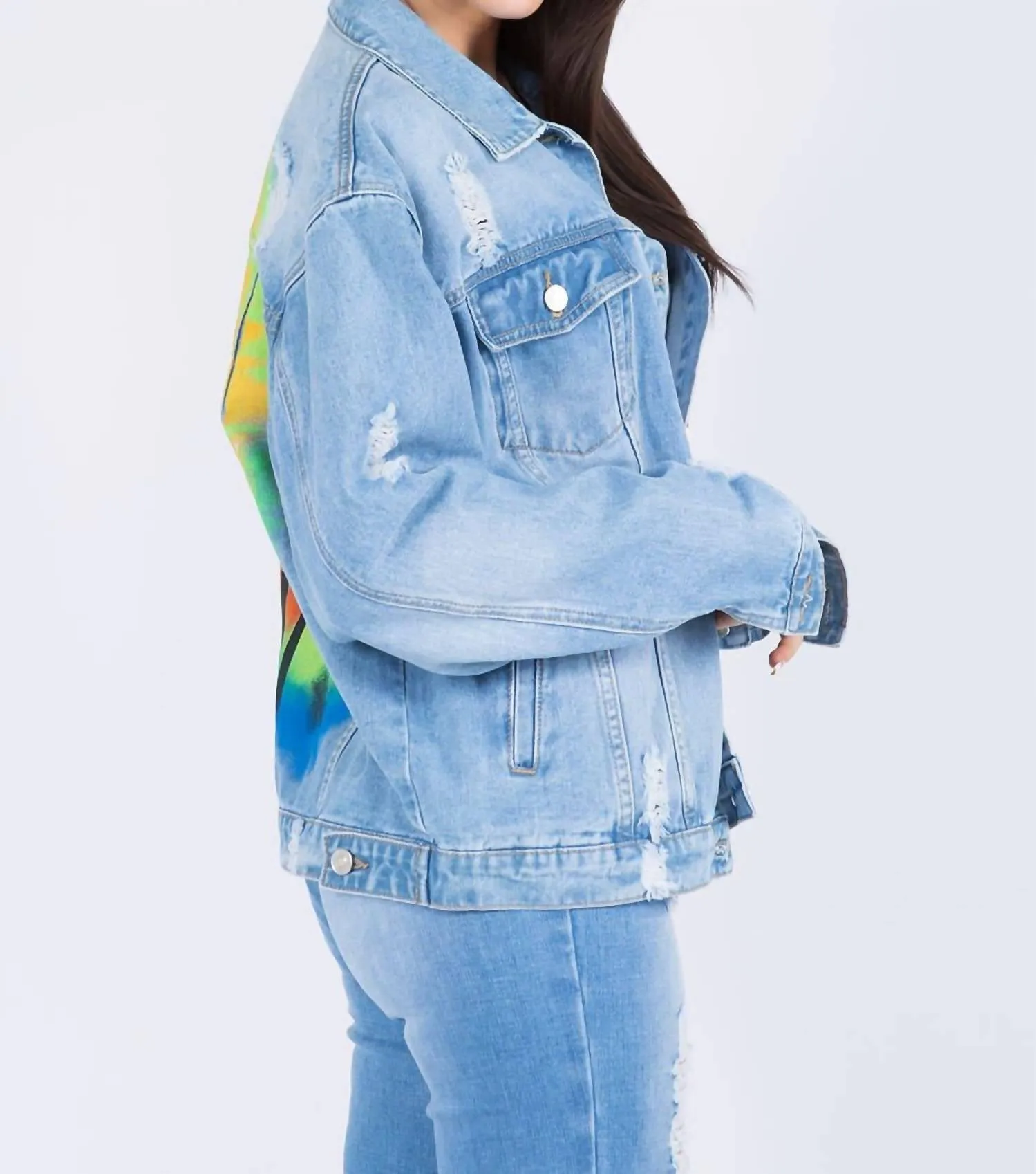 Full Size Painted Back Distressed Denim Jacket In Blue