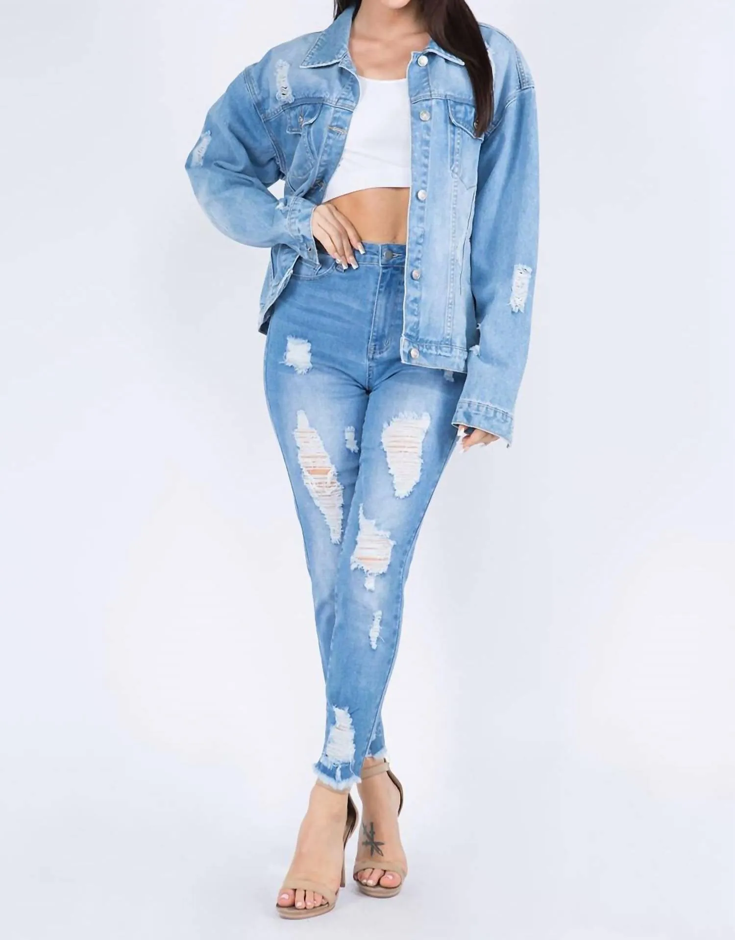 Full Size Painted Back Distressed Denim Jacket In Blue