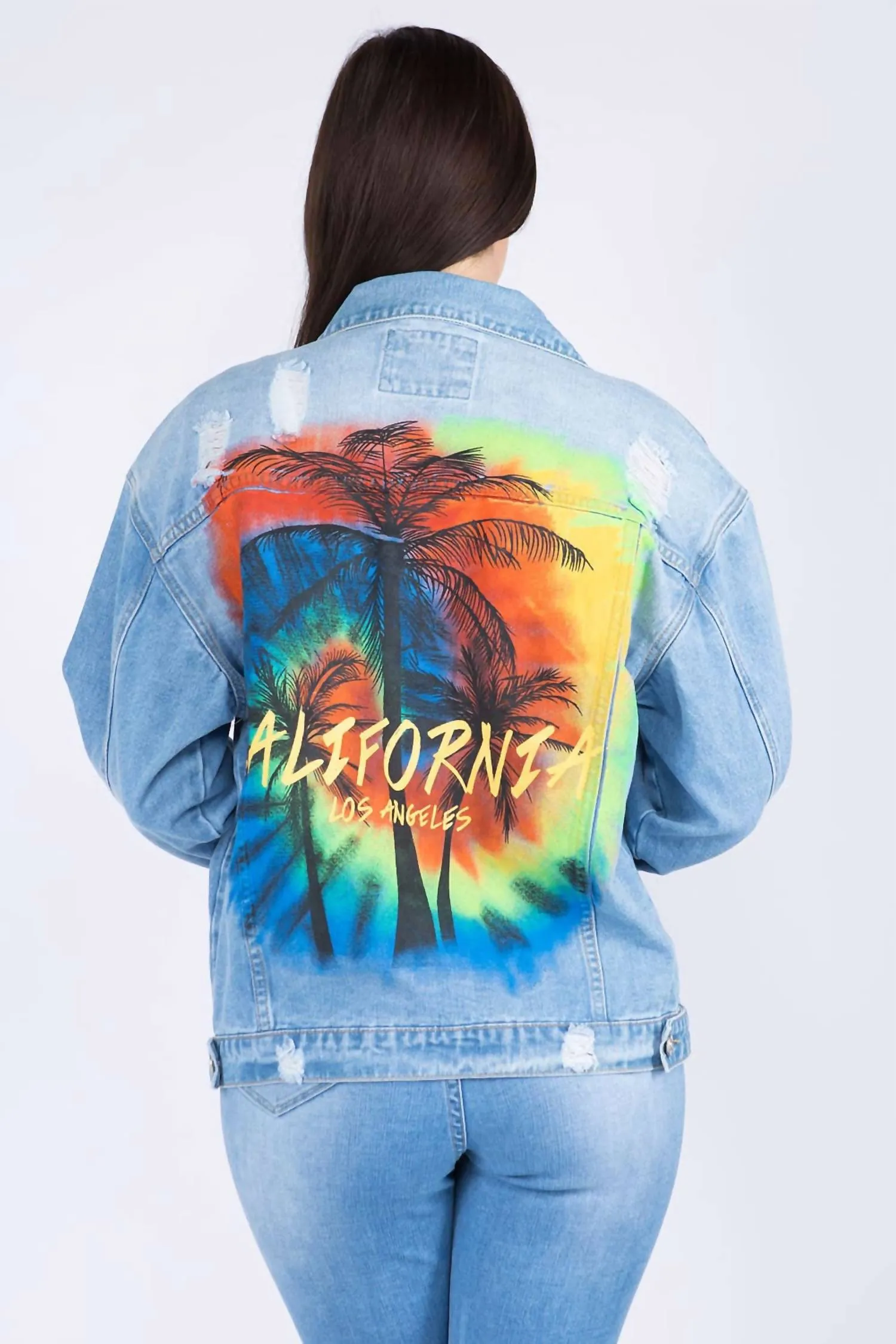 Full Size Painted Back Distressed Denim Jacket In Blue