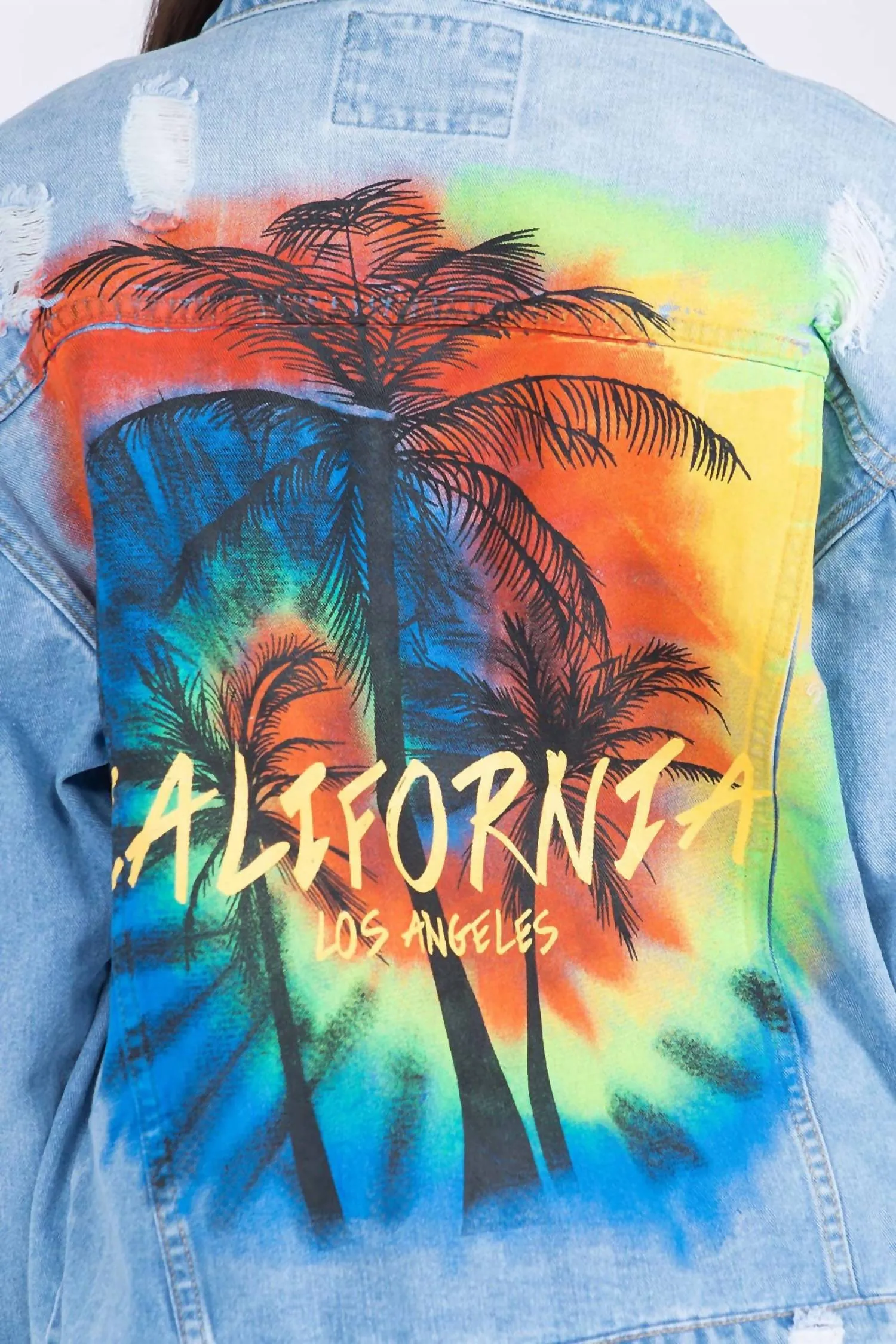 Full Size Painted Back Distressed Denim Jacket In Blue