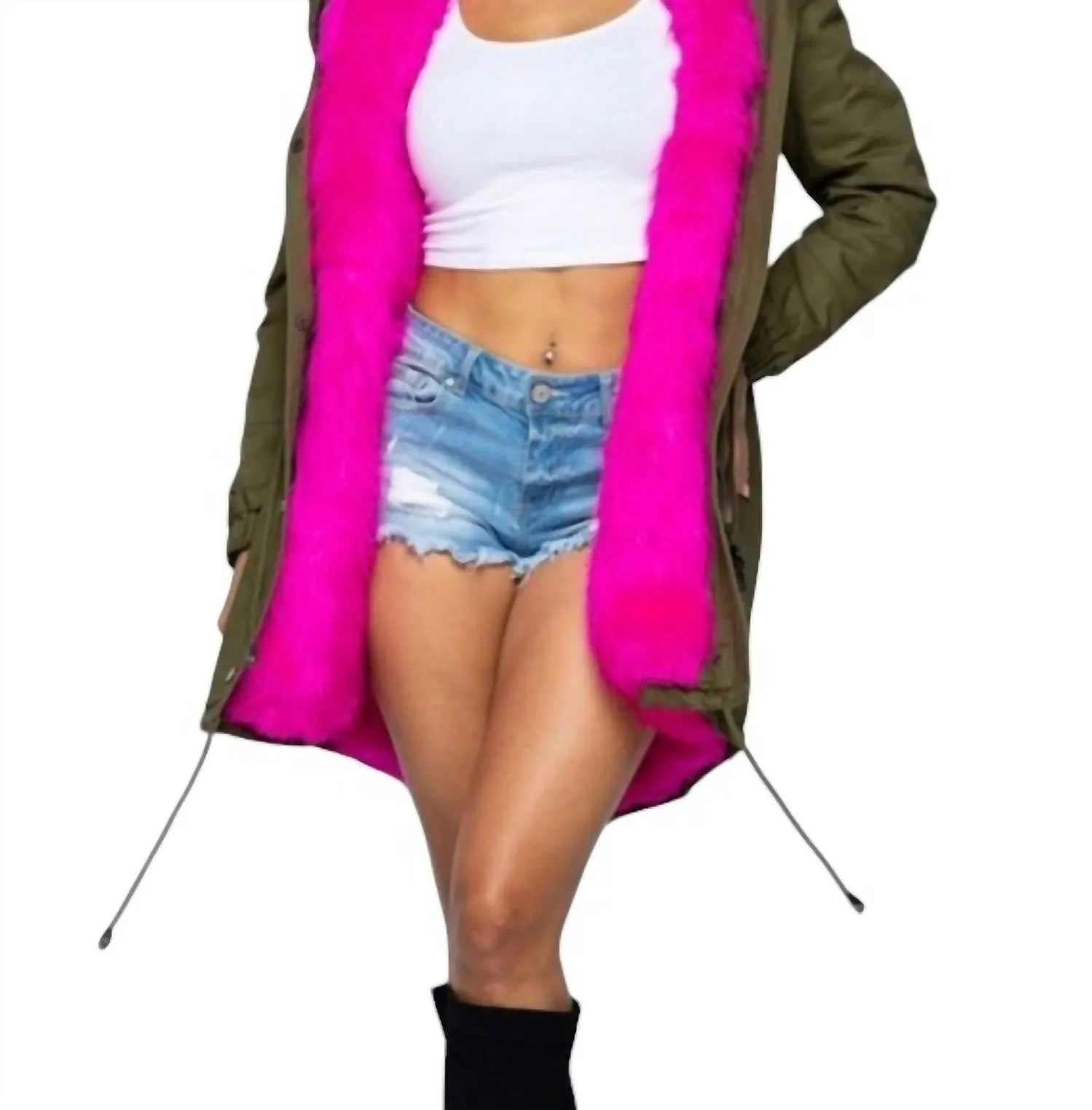 Hooded Coat With Hot Pink Fur In Olive
